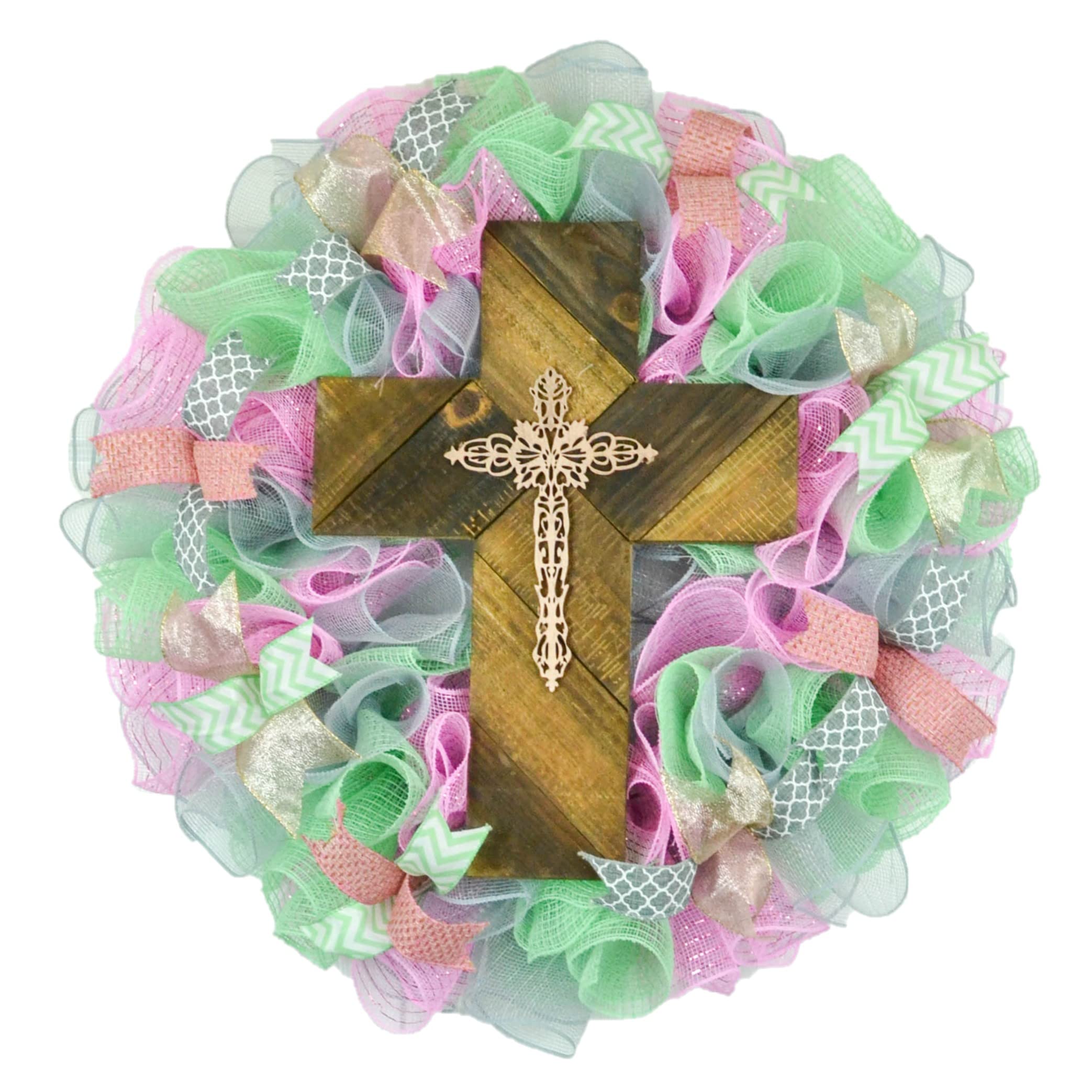 Farmhouse Easter Wreath for Front Door - Year Round Decorative Wreath with Cross Design - Perfect Mother's Day Gift in Pink, Gray, Mint Green & Gold - Ideal for Spring Decor, Front Porch Decorations, and Holiday Home Accents