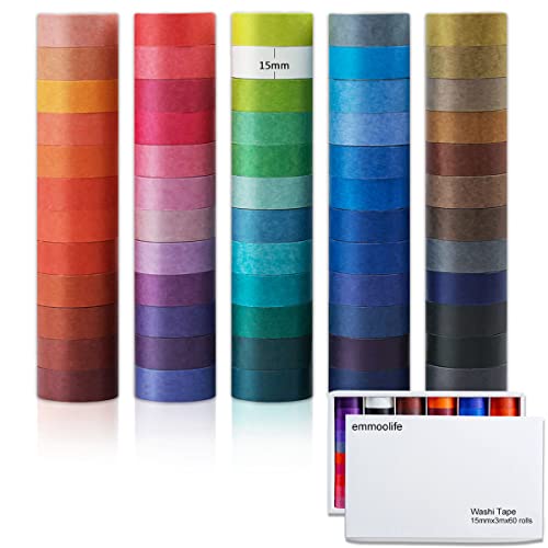60 Rolls Washi Tape Set - 15mm Wide 10ft Long Rainbow Colored Painters Masking Tape - Writable Decorative Craft Tape for Scrapbooking, DIY Projects, Planner Decor, Arts & Crafts, Labeling, Color-Coding, Bullet Journals, Gift Wrapping & Home Organization