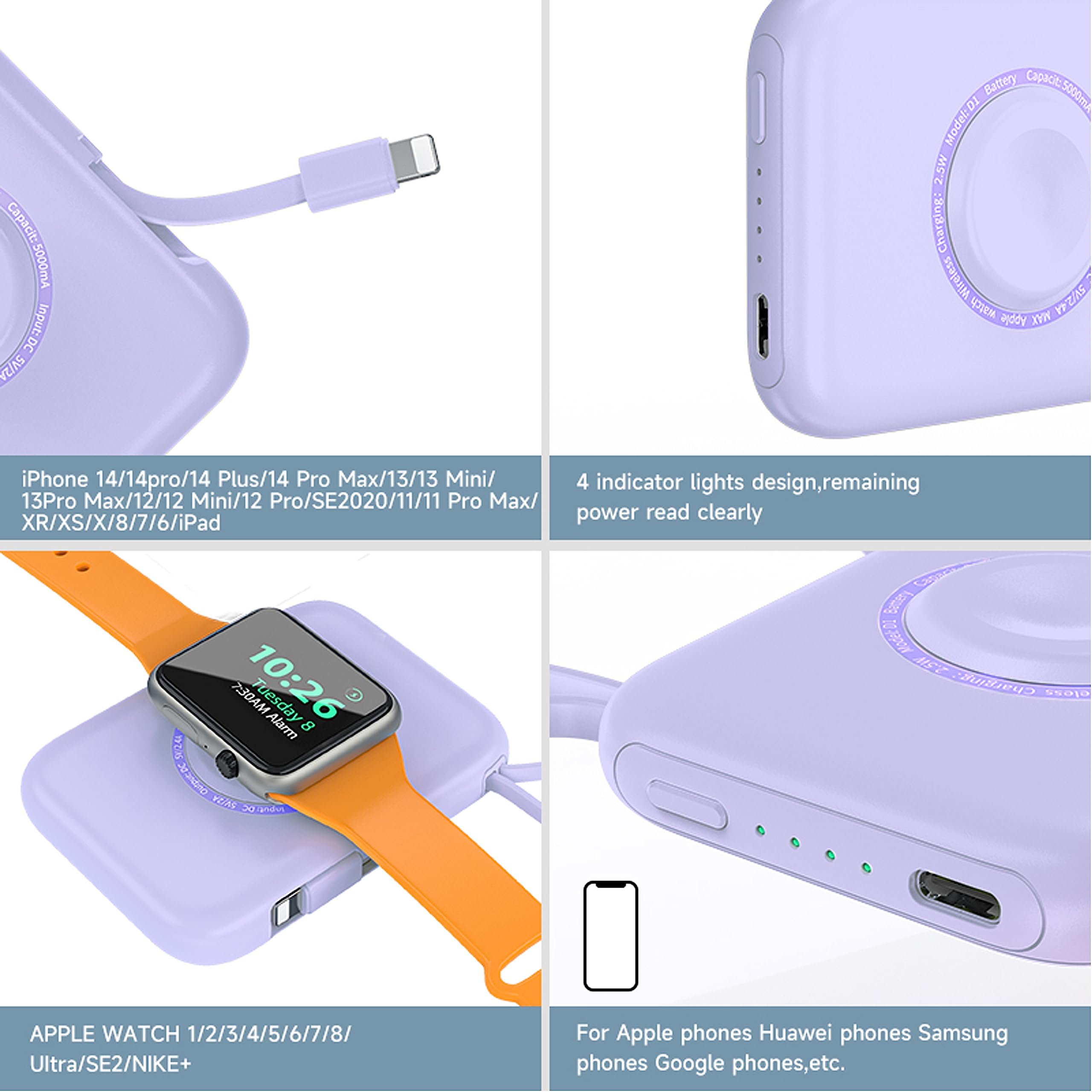 HUOTO 5000mAh Portable Charger with Built-in Cable - Magnetic Power Bank for Apple Watch Series 1-9, iPhone 11/12/13, AirPods & Smartphones | Compact Travel Charger for Gym, Hiking & Business Trips