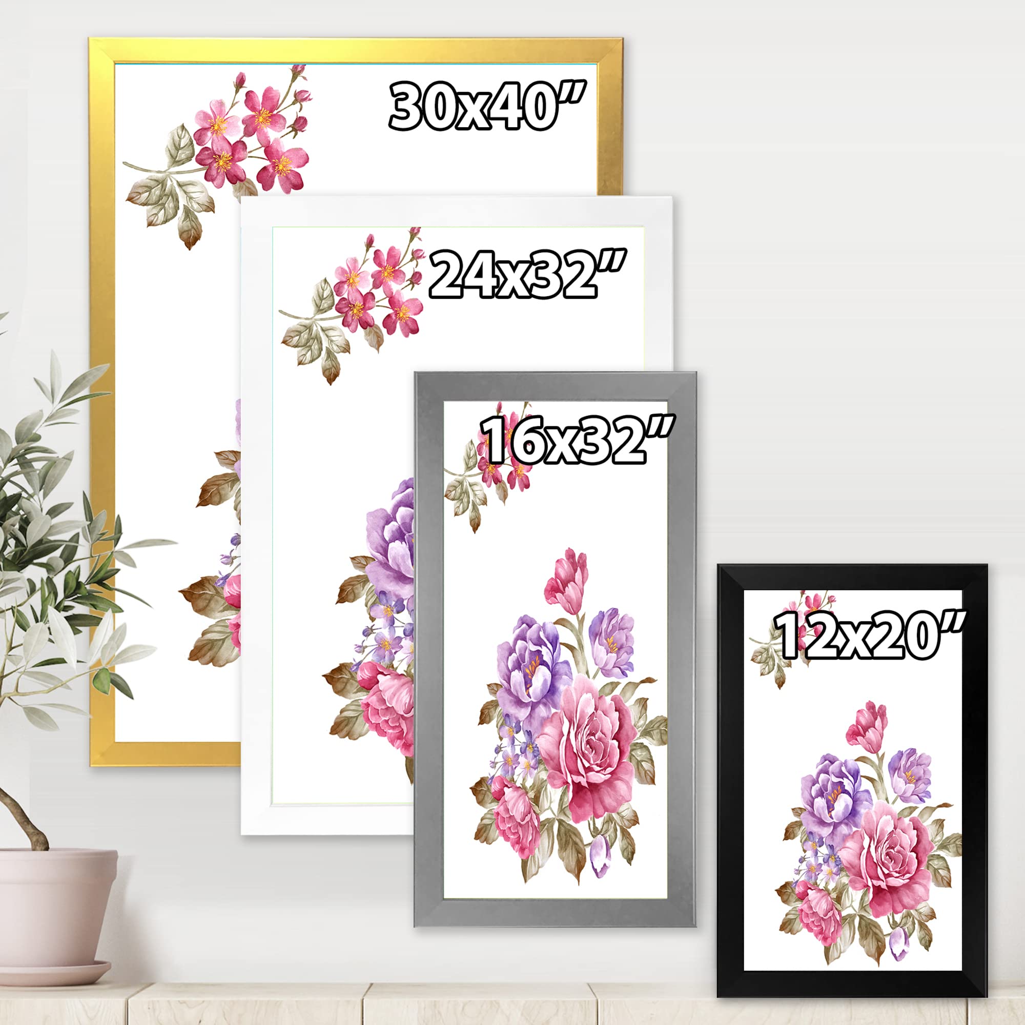 DesignQ Pink and Purple Floral Bouquet Framed Wall Art - Farmhouse Style Home Decor for Living Room, Bedroom & Office