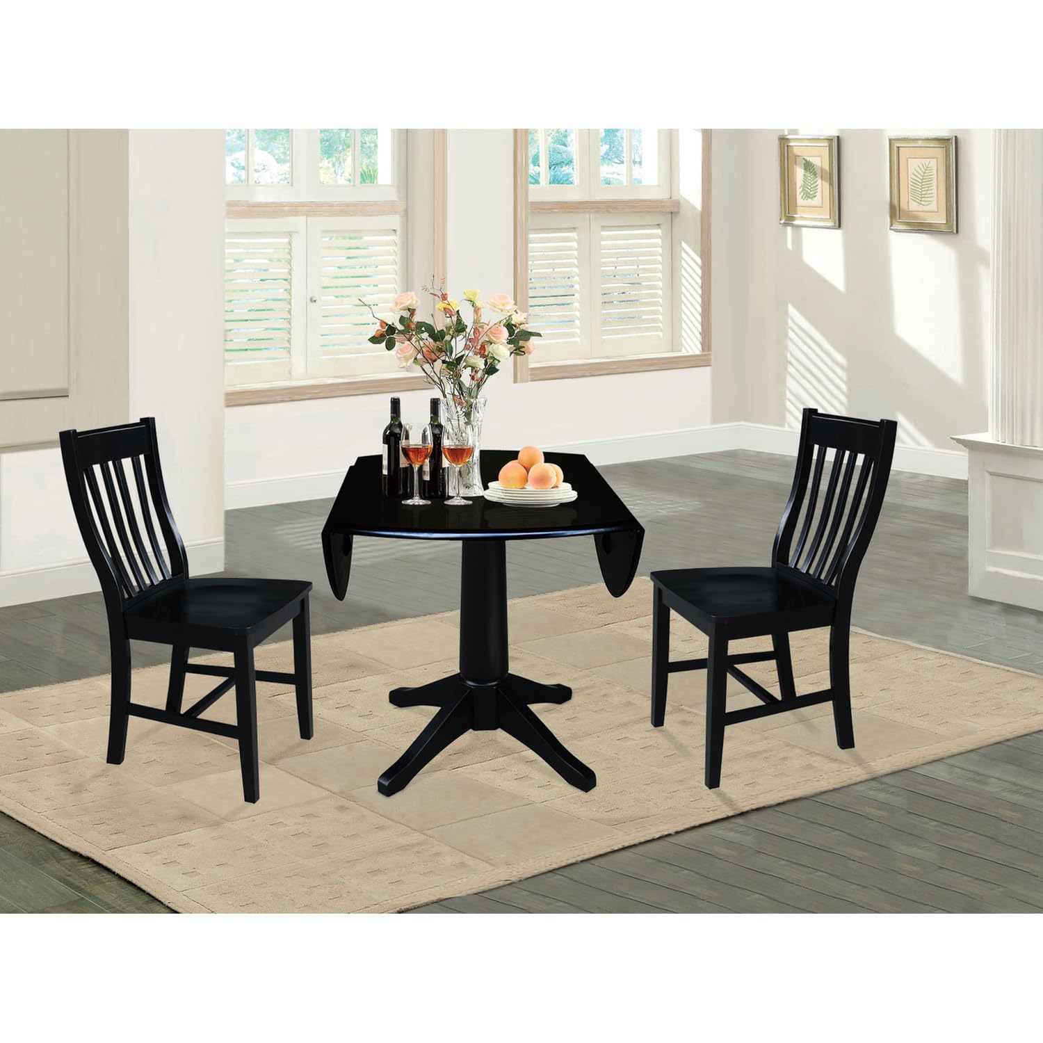 IC International Concepts 42-Inch Round Pedestal Dining Table Set with 2 Chairs, Solid Wood Construction, Space-Saving Design for Small Kitchens & Apartments - Black - Perfect for Breakfast Nooks, Cozy Dining & Entertaining Guests