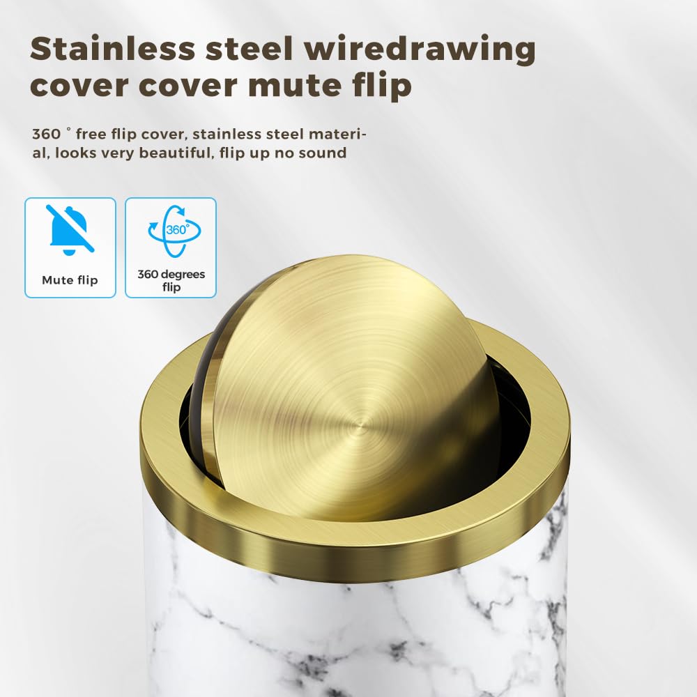15L/4 Gallon Marble Trash Can with Lid - Gold Flip Top Bathroom Garbage Bin for Kitchen, Bedroom & Living Room - Elegant Waste Basket for Home, Office & Hotel Use
