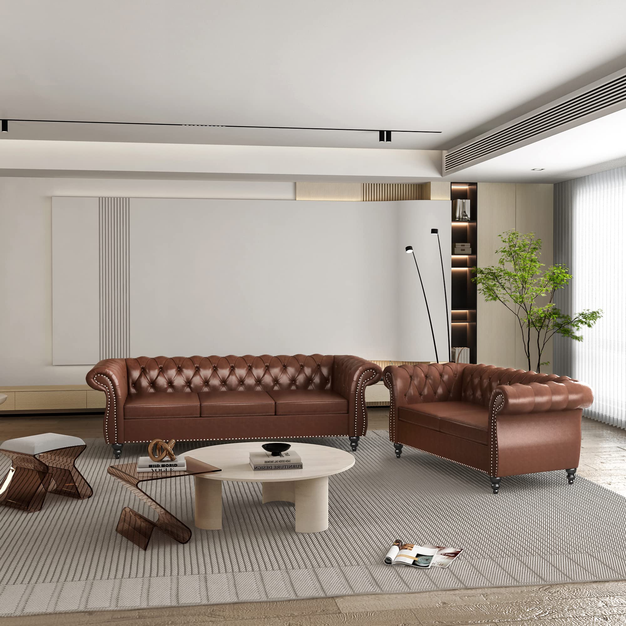 2-Piece Chesterfield Leather Sofa Loveseat Set with Scroll Arms & Nailhead Trim - Dark Brown Living Room Furniture for Home, Office & Lounge Spaces