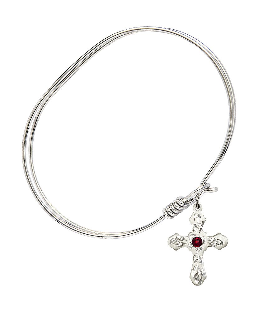 7 Inch Oval Eye Hook Bangle Bracelet with Cross Charm & January Red Crystal - Elegant Jewelry for Women, Perfect for Gifts, Parties, and Everyday Wear