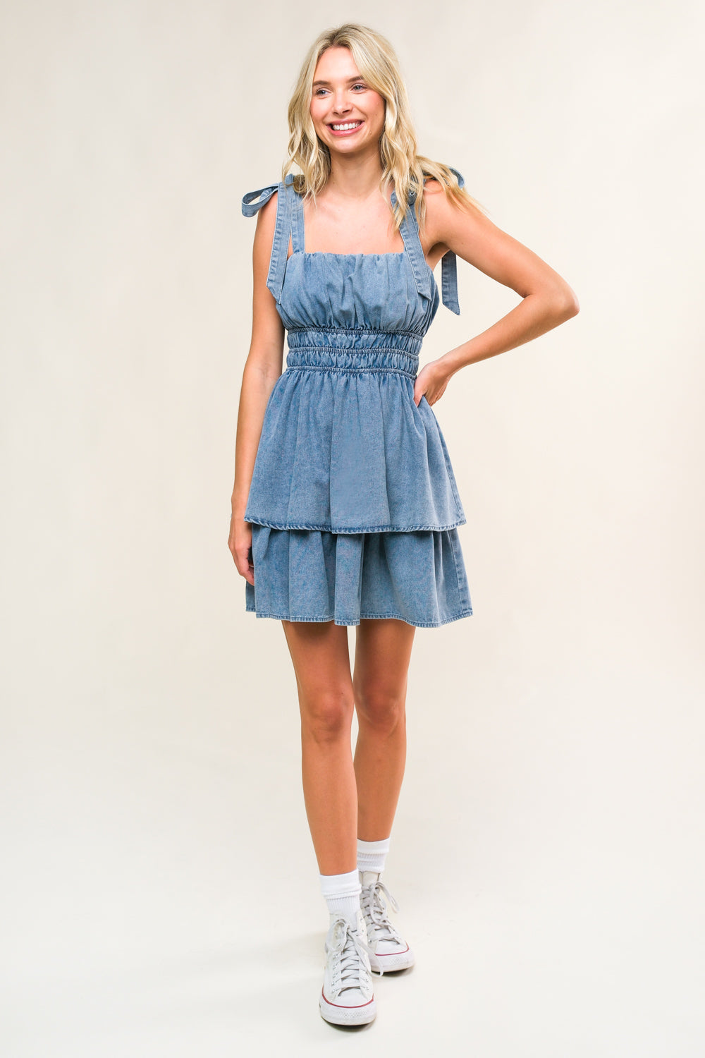 ALONG THE SHORELINE DENIM MINI DRESS - Women's Fashion Casual Stretch Denim Dress for Summer Beach Outings and Date Nights