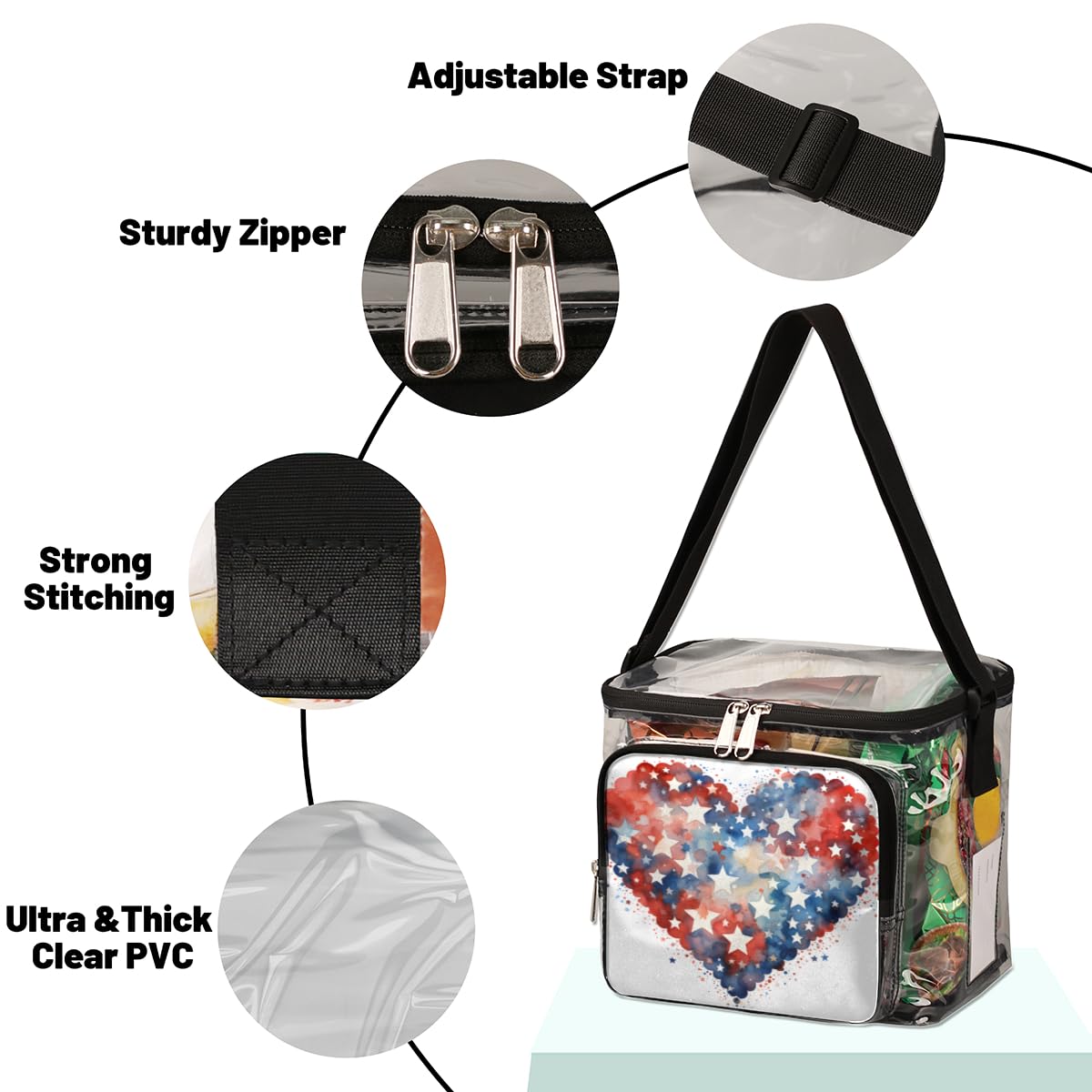 GzLeyigou Transparent Heart Print Clear Tote Bag with Handles - Star Pattern Crossbody Shoulder Bag for Lunch, Outdoor Activities, Travel, Picnics, Concerts & Sports Events (Stadium Approved) - Perfect for Beach Days, Music Festivals and Shopping Trips