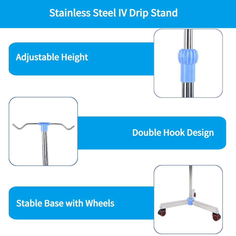 Adjustable IV Drip Stand 42.9-80.7 Inches with 2 Hooks & Wheels - Stainless Steel IV Pole for Hospital, Clinic & Home Care - Perfect for Medical Infusion Therapy & Patient Mobility