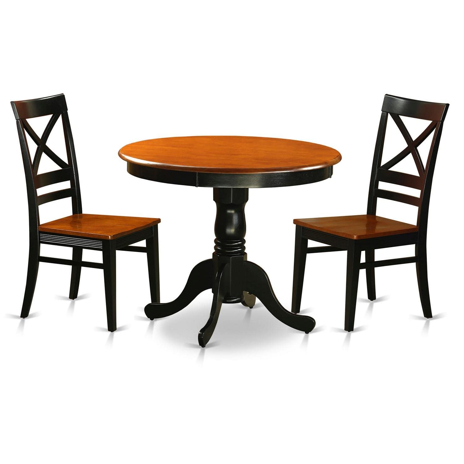 East West Furniture ANQU3-BLK-W 3-Piece Round Kitchen Dining Set - 36x36 Inch Black & Cherry Pedestal Table with 2 Chairs - Perfect for Small Spaces, Breakfast Nooks & Cozy Apartments