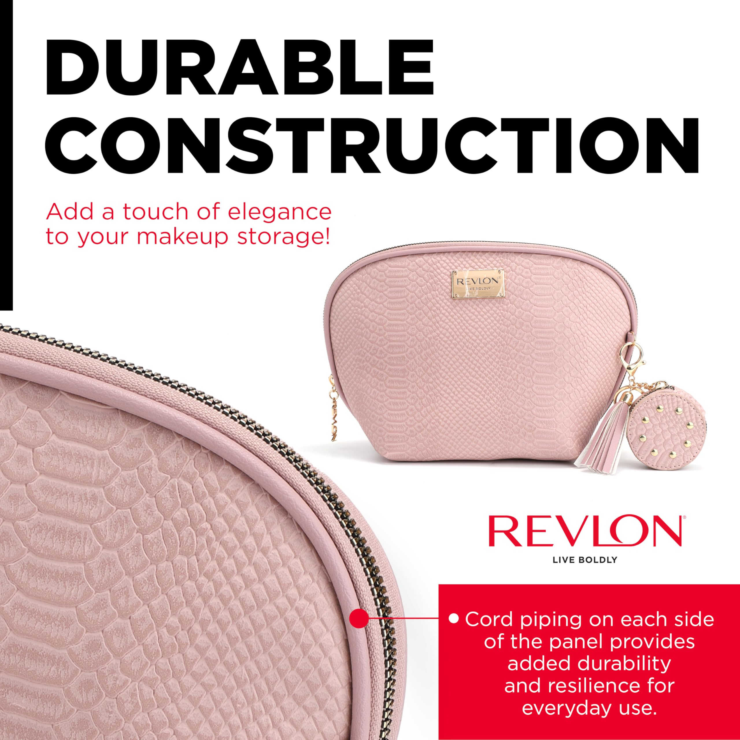 REVLON Croc Embossed Makeup Pouch - Small Travel Cosmetic Bag with Tassel & Mirror Keychain, Mini Makeup Organizer with Pockets - Perfect for Women's Toiletries, Travel Essentials & Teen Girls' Gifts (Rose) | Great for Daily Use, Vacation Trips & Birthday Presents