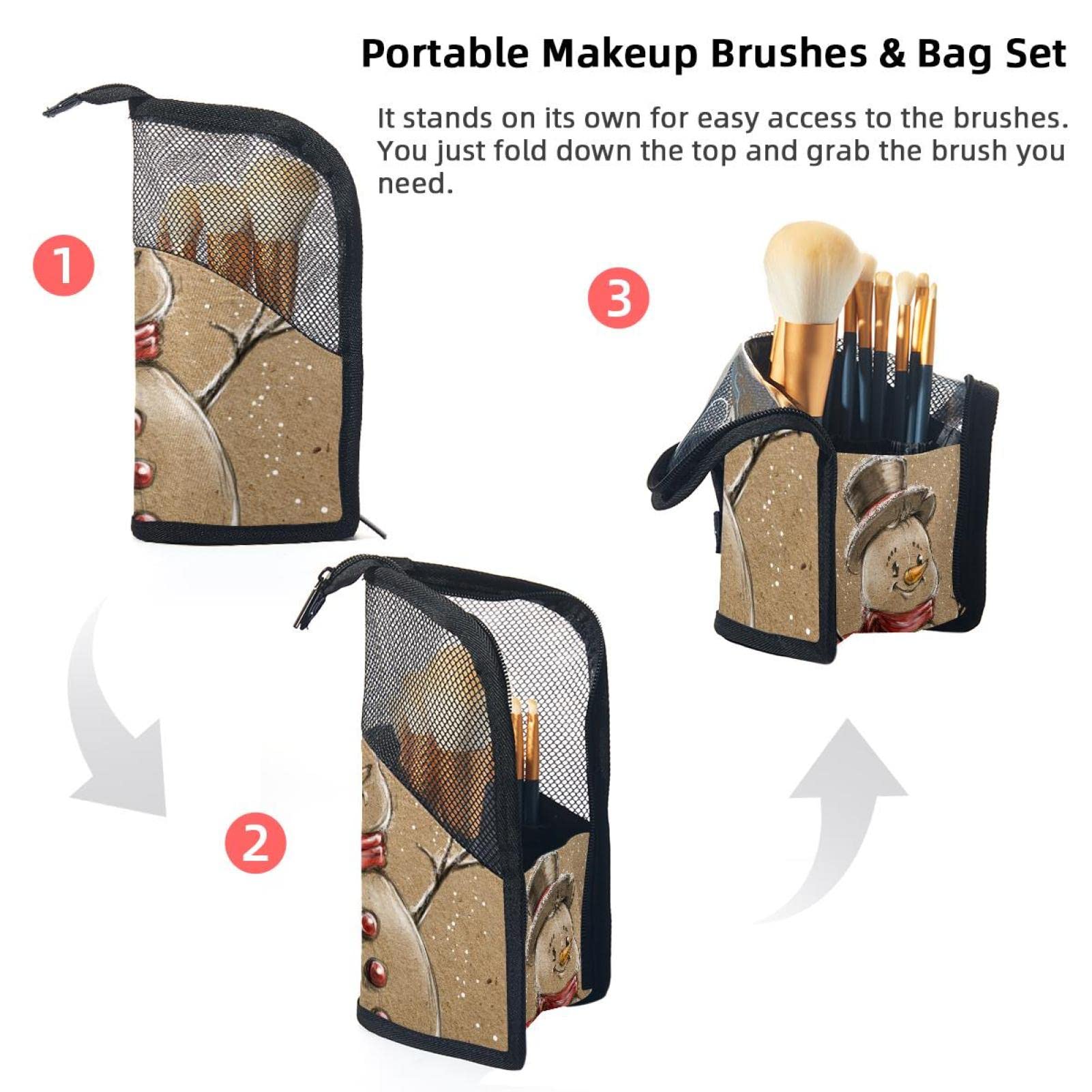12-Piece Makeup Brush Organizer Bag with Christmas Snowmen Design - Portable Travel Cosmetic Brush Holder Case for Professional & Home Makeup Storage