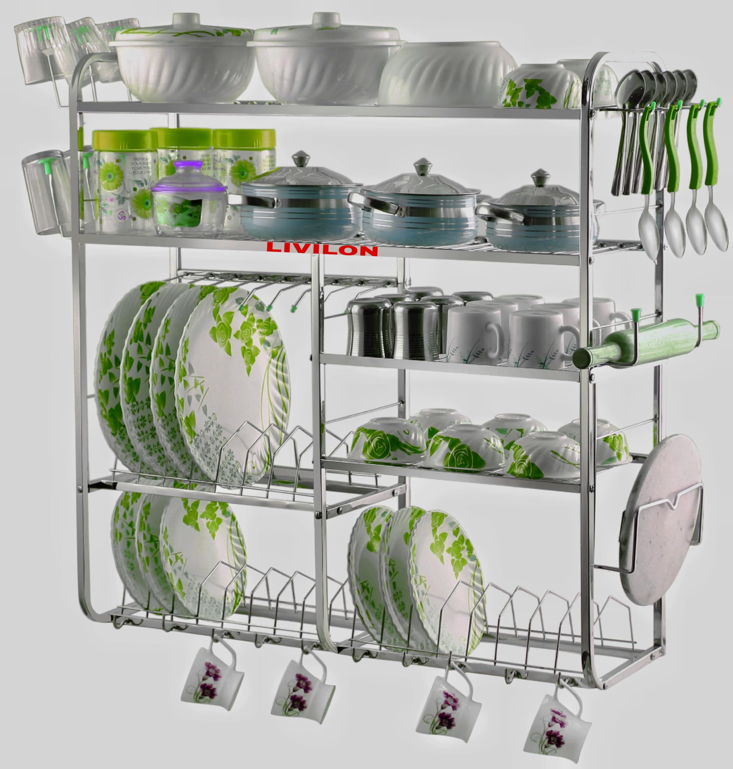 L LIVILON Stainless Steel Multi-Tier Dish Drying Rack - Wall-Mounted, Countertop, Freestanding Kitchen Organizer for Efficient Dish Storage and Space-Saving