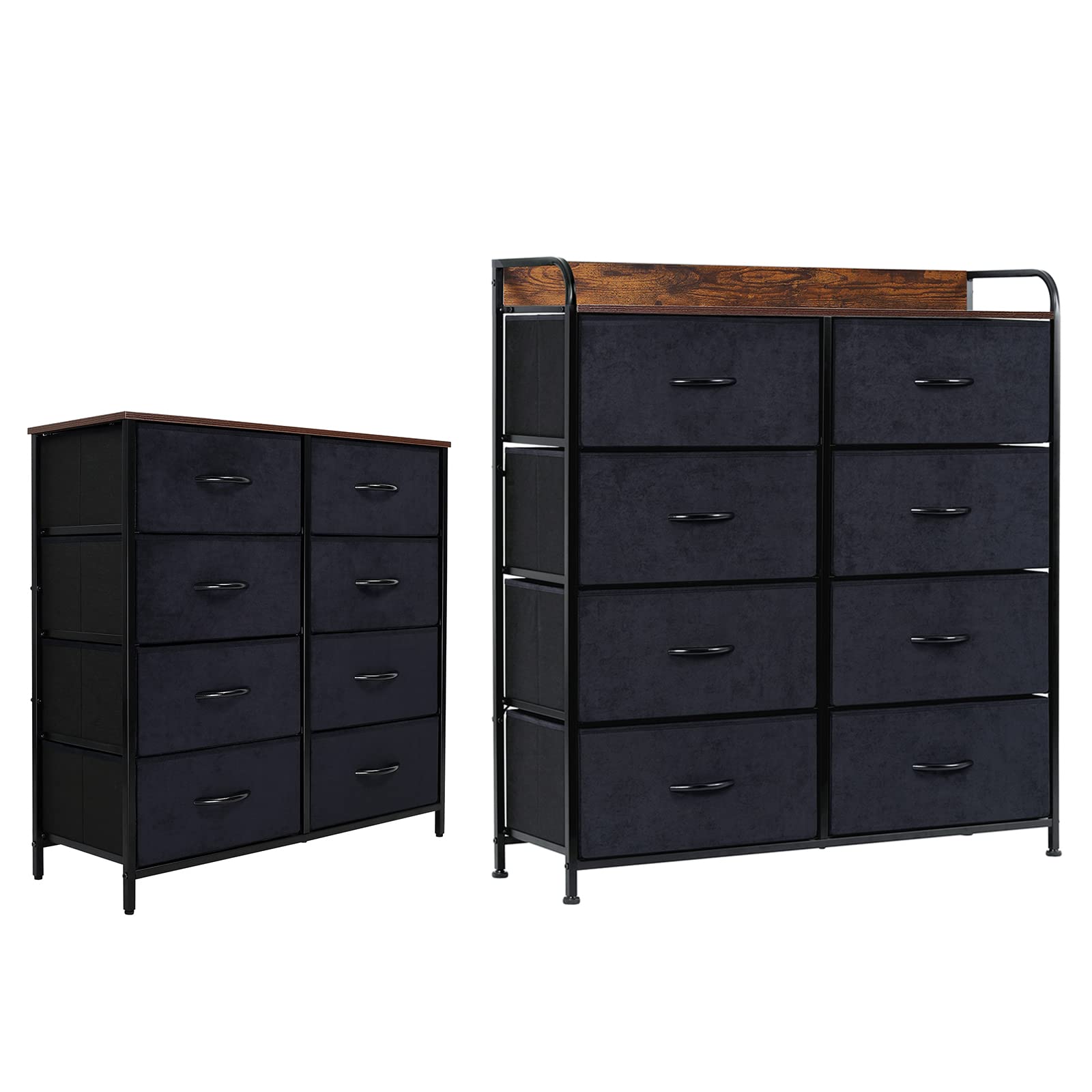 LYNCOHOME 8-Drawer Vertical Dresser with Shelves - Black Fabric Storage Tower Unit, Sturdy Metal Frame Furniture with Removable Rustic Brown Fabric Bins - Perfect for Bedroom, Living Room, and Office Organization
