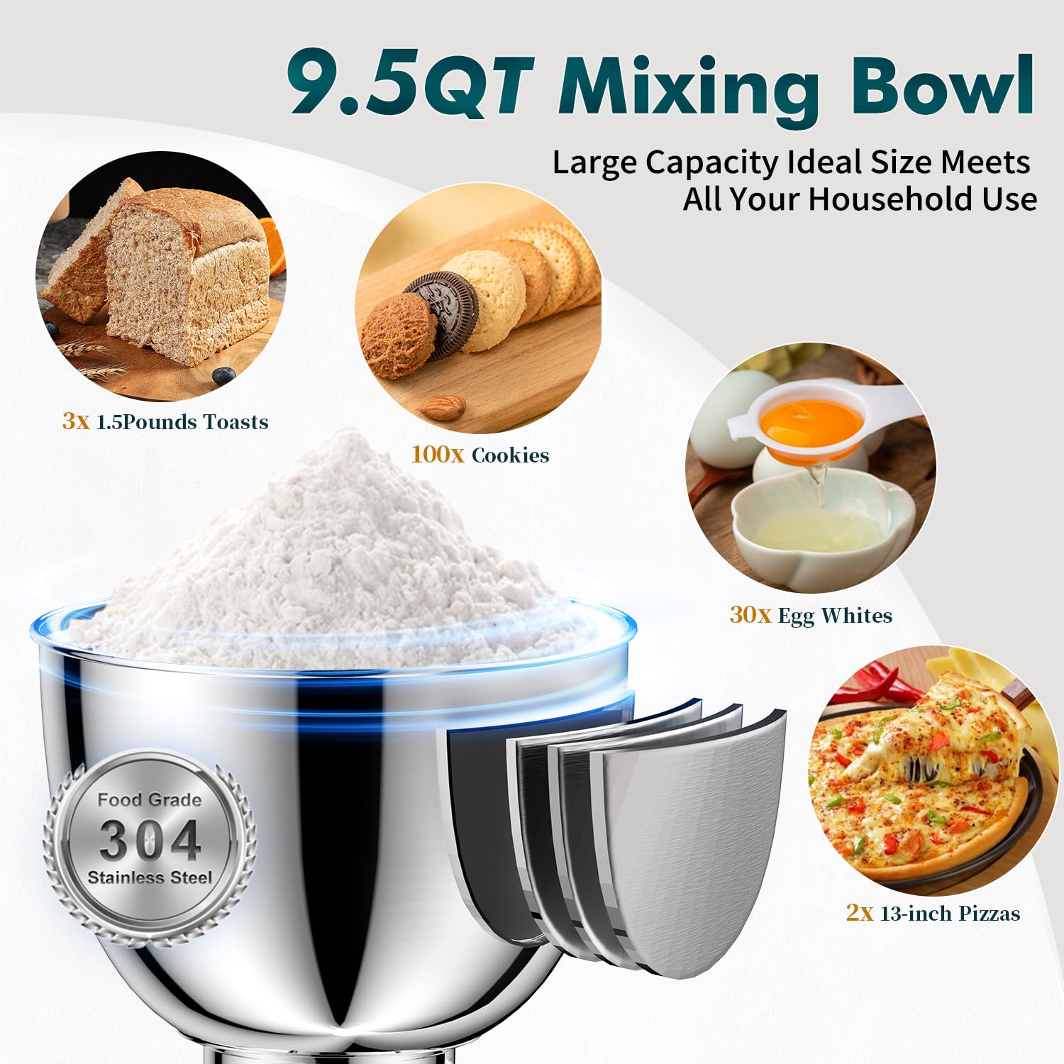 COOKLEE 9.5 Qt 660W Stand Mixer - Powerful Electric Kitchen Mixer with Dishwasher-Safe Attachments (Dough Hook, Flat Beater, Wire Whip & Pouring Shield) - Perfect for Baking Cakes, Cookies, Bread & Dough - Ideal for Home Bakers & Cooking Enthusiasts