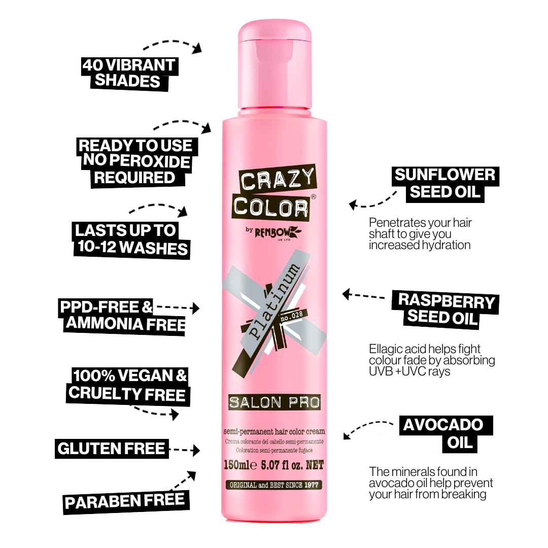 Crazy Color Salon Pro Semi-Permanent Hair Dye - 028 Platinum Blonde (5.07 oz) for Women | Vibrant Fashion Hair Color for Parties, Cosplay & Creative Styling
