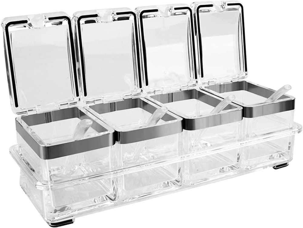 Qiuqiu 4-Compartment Clear Spice Storage Box with Spoon - Airtight Kitchen Seasoning Organizer for Salt, Pepper, Herbs & Spices - Perfect for Cooking, Baking & Meal Prep
