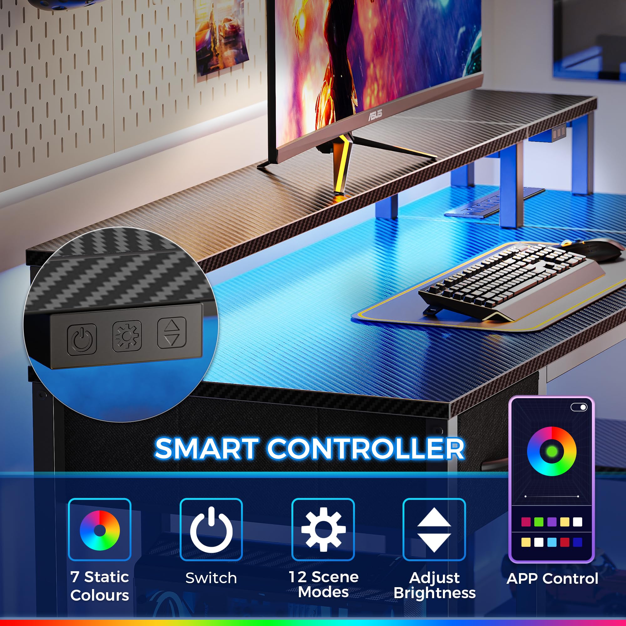 SUPERJARE 53 inch Reversible L-Shaped Desk with LED Lights & Power Outlets - Home Office Computer Desk with Shelves, Monitor Stand & Drawer - Gaming Desk for Small Spaces - Carbon Fiber Black Corner Workstation for PC Setup & Remote Work