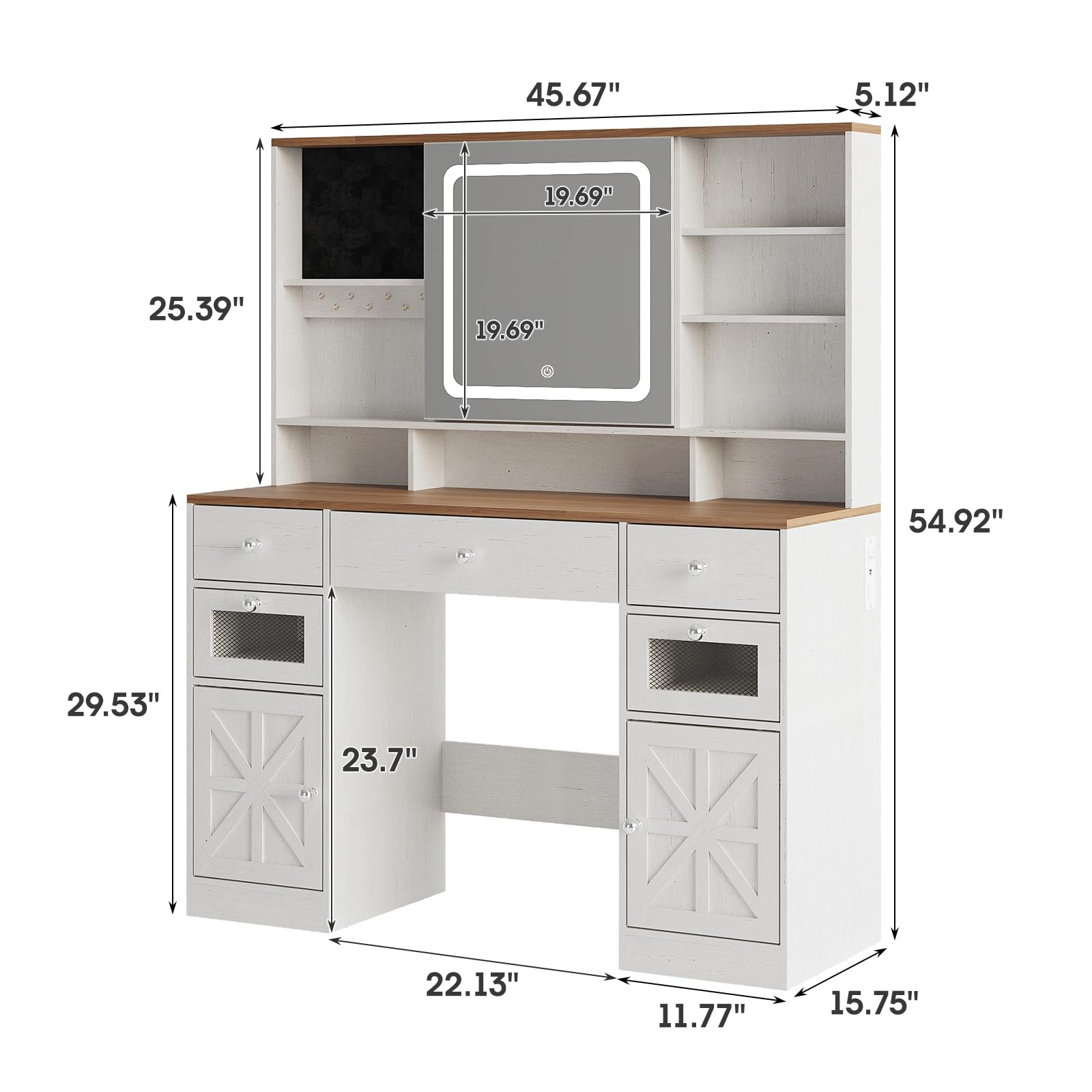 Farmhouse Vanity Desk with Mirror & LED Lights - White Makeup Dressing Table with 5 Drawers, Hidden Storage & USB Charging Station - Rustic Large Bedroom Vanity with Shelves for Cosmetics & Jewelry Organization - Perfect for Master Bedroom, Guest Room & Dressing Area