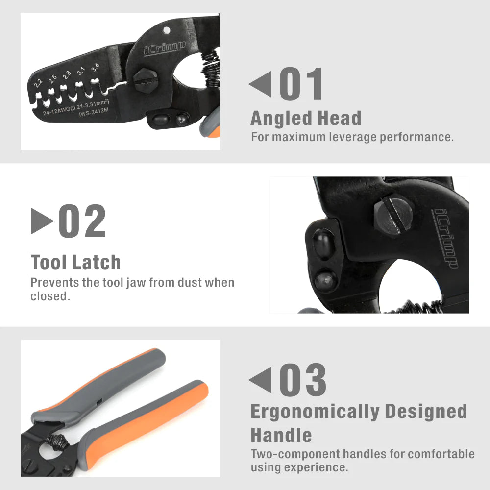 IWS 2412M Open Barrel Crimping Tool for AWG24-12 Terminals - Compatible with JAM, Molex, Tyco & JST Connectors - Perfect for Electrical Wiring, Automotive Repairs & DIY Electronics Projects