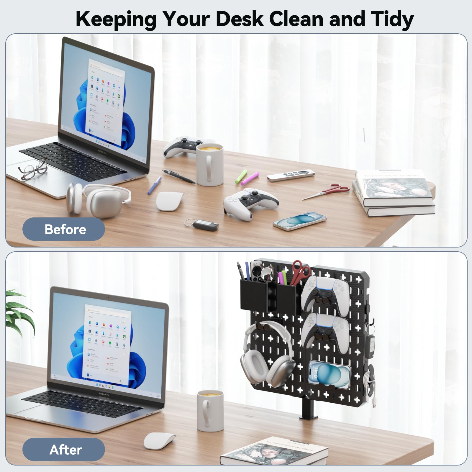 KDD 7-in-1 Clamp-On Desk Pegboard Organizer - No Drill Required, Includes Phone Stand, Pen Holder, Storage Box, Headset & Controller Holder, Hooks | Detachable Gaming & Office Accessories for Home & Workspace Organization | Perfect for Small Spaces, Gaming Setups & Home Office Desks