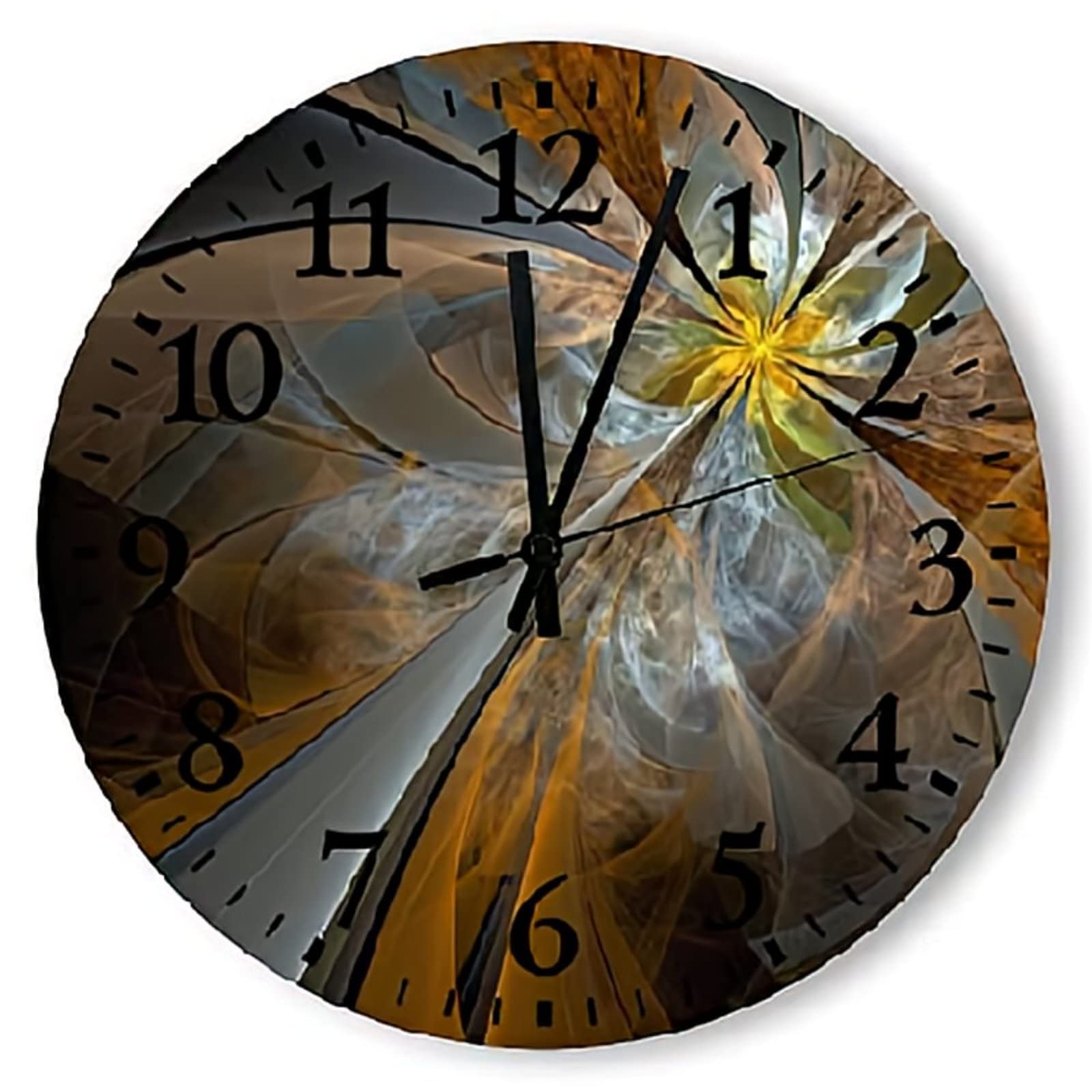 Symmetrical Yellow Fractal Flower Wall Clock - 15 Inch Silent Round Wooden Battery Operated Wall Decor for Bedroom, Living Room & Office - Modern Decorative Hanging Clock with No Ticking Sound
