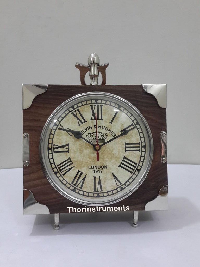 Vintage 1917 Wooden Table Desk Clock - Silver Brown Rustic Home Decor, Unique Gift for Office, Living Room & Bedroom