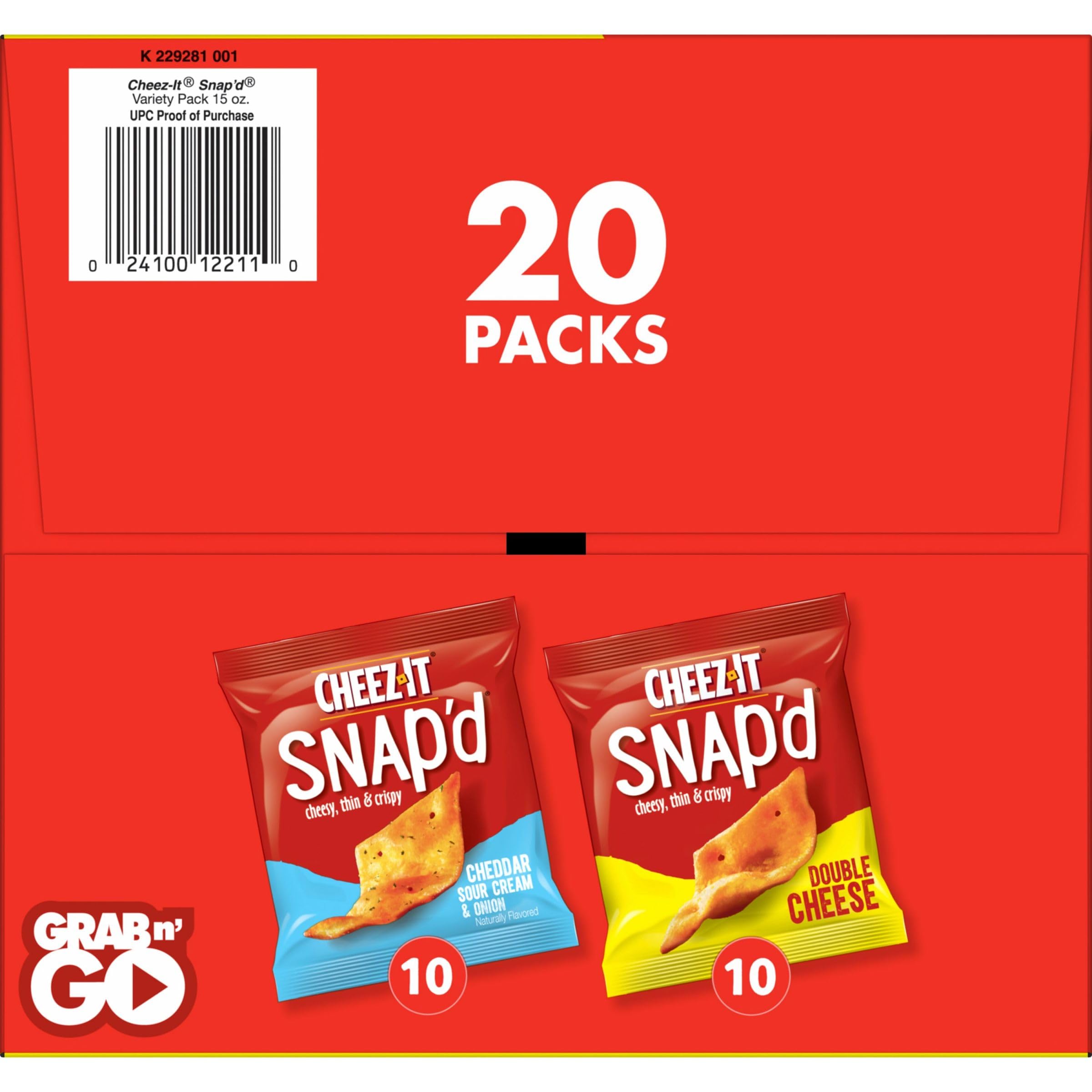 Cheez-It Snap'd Thin & Crispy Cheese Cracker Chips - Variety Pack (15oz Box, 20 Packs) - Perfect for Lunch Snacks, Office Break, School Lunch & Party Platters