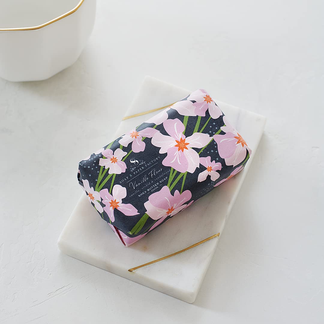 Soap & Paper Factory Vanilla Fleur Shea Butter Soap Bar - 5 oz Natural Moisturizing Handmade Soap for Dry Skin, Gifts & Bathroom Decor - Perfect for Spa Day, Self-Care & Relaxation