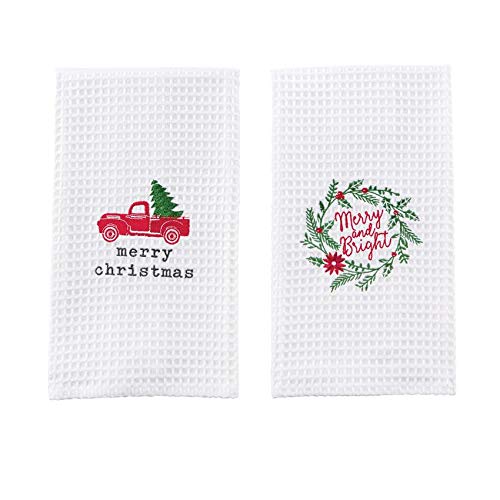 Mud Pie Truck Waffle Weave Kitchen Towel Set - Absorbent & Durable Dish Towels for Kitchen, Bathroom & Cleaning - Farmhouse Decor & Housewarming Gift
