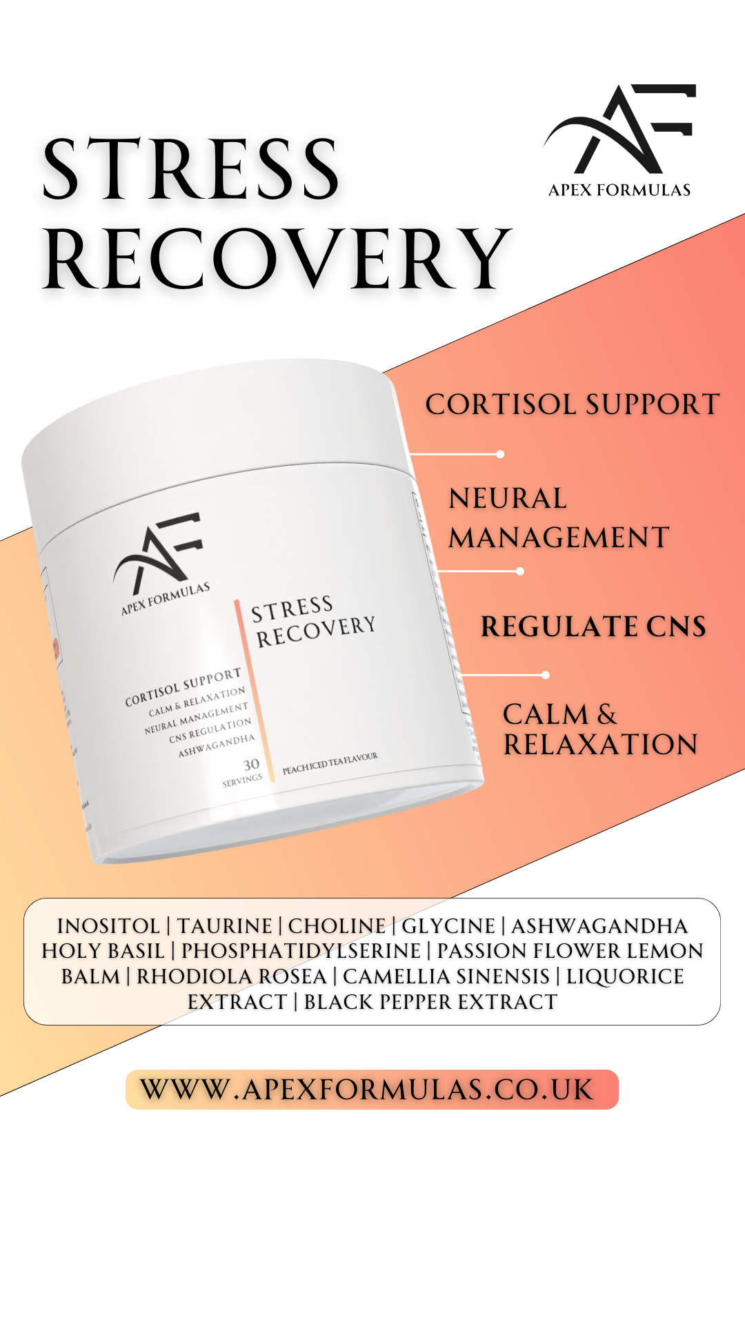 Apex Formulas Stress Recovery Supplement 300g - Peach Iced Tea Flavor with Ashwagandha, Magnesium & Antioxidants | Natural Stress Relief, Relaxation & Sleep Support for Busy Professionals & Students