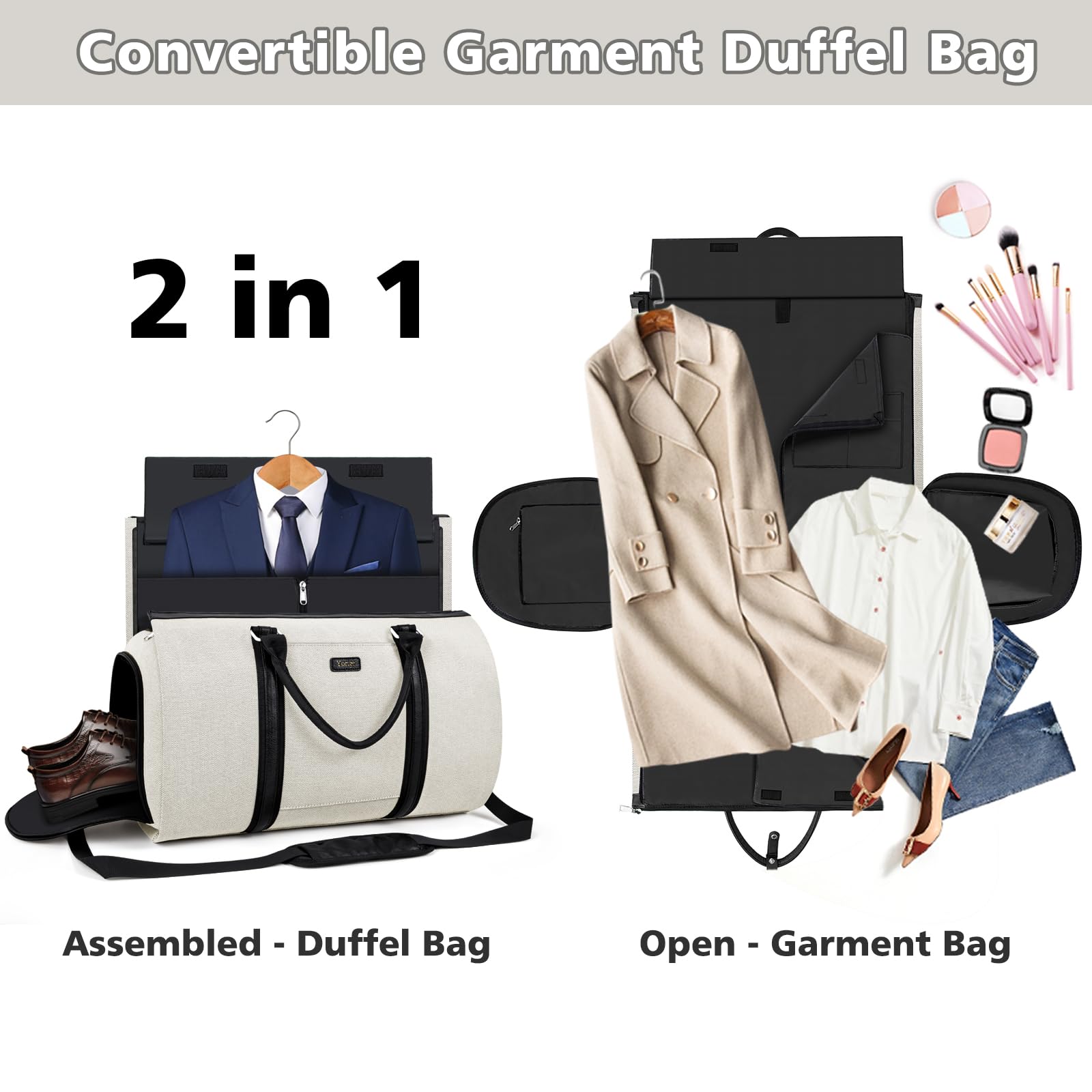 2-in-1 Convertible Travel Garment Duffle Bag Set for Men & Women - Carry On Hanging Suit Dress Clothes Organizer with Detachable Crossbody Bag (4-Piece) - Perfect for Business Trips, Gym & Weekend Getaways