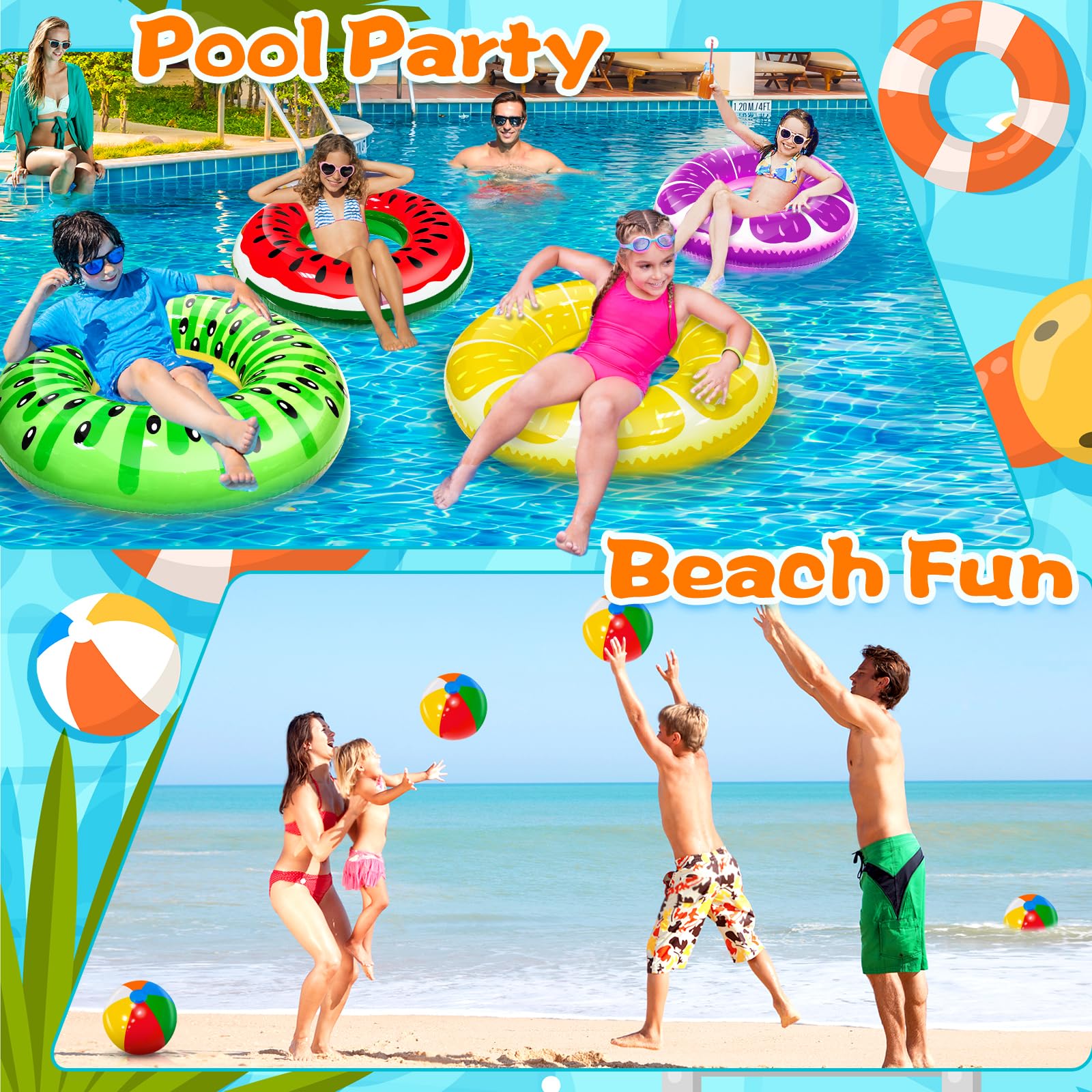8 Pack Inflatable Pool Floats for Kids & Adults - 4 Fruit Swim Rings + 4 Beach Balls - Summer Water Toys for Pool, Beach, Luau Parties & Backyard Fun - Hawaiian-Themed Floaties for Swimming & Relaxation