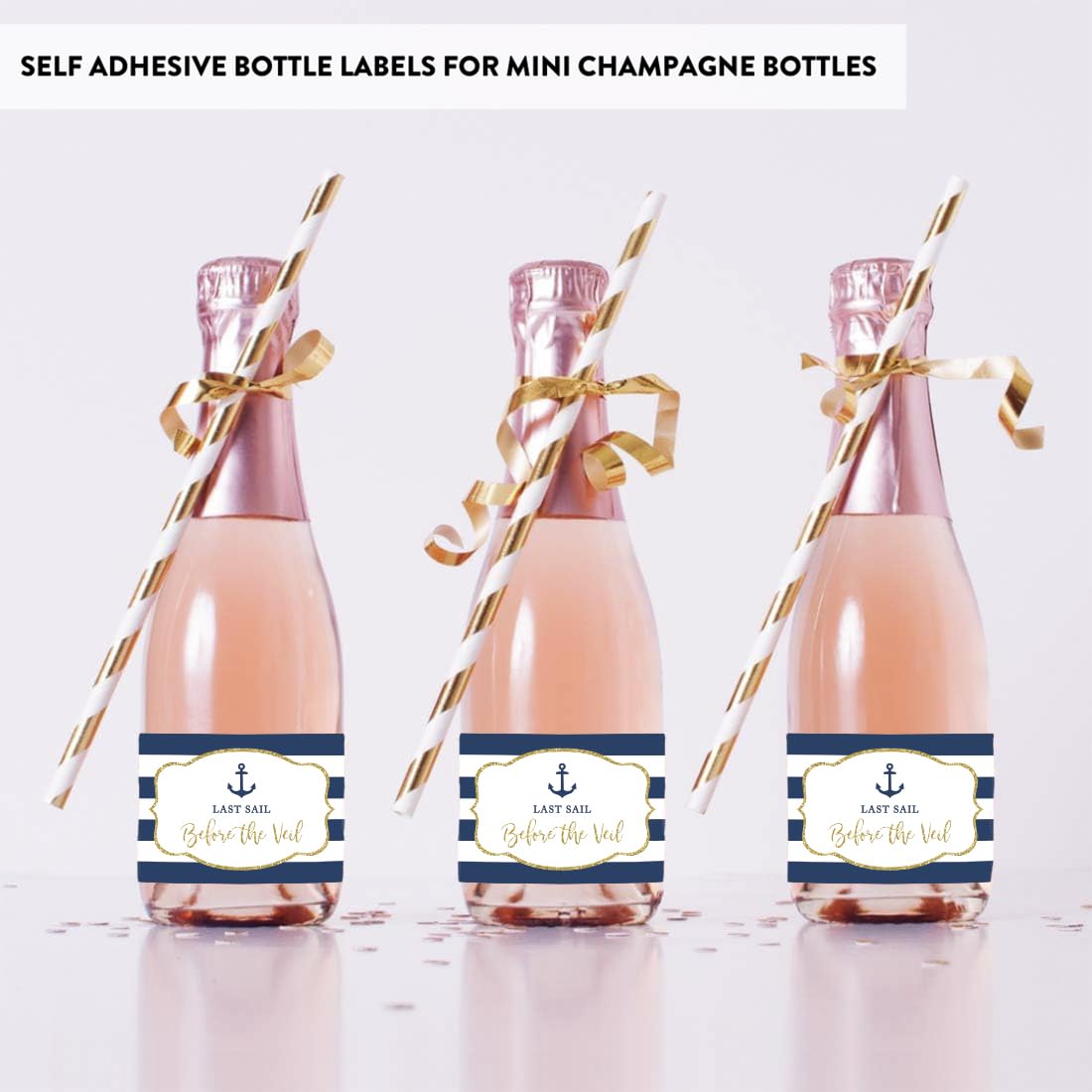 Custom Nautical Navy Blue Stripes & Gold Glitter Bachelorette Wine Labels - 20-Pack Waterproof Mini Champagne Bottle Stickers for Wedding, Bridal Shower & Party Decor | Last Sail Before The Veil Theme