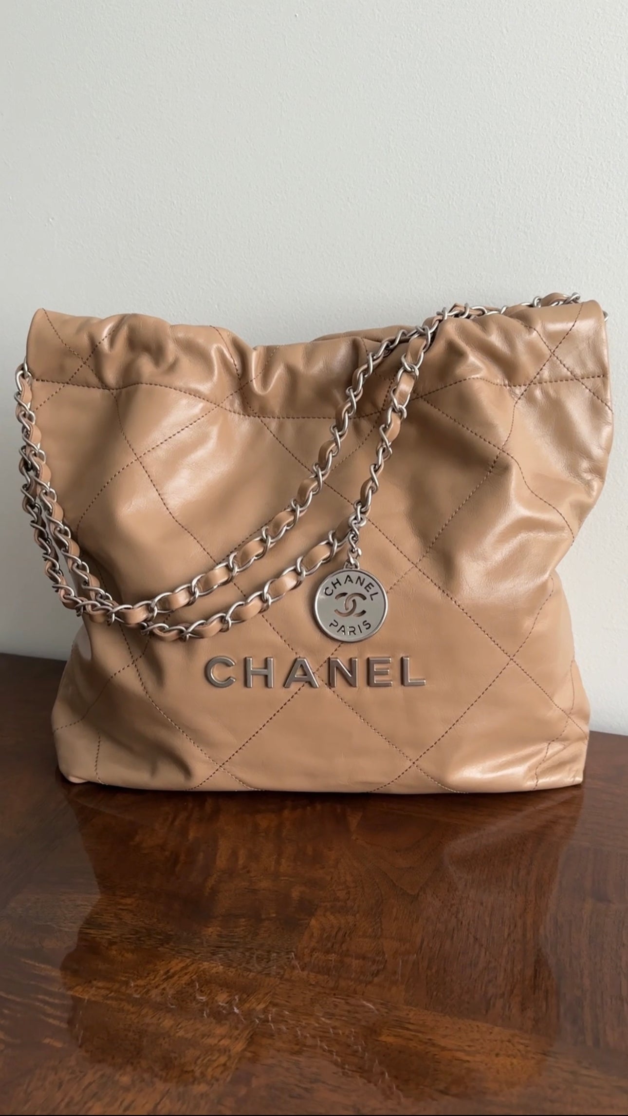 Chanel 22 Beige Glossy Leather Medium Chain Shoulder Bag - Luxury Designer Handbag for Women, Perfect for Date Night & Special Occasions