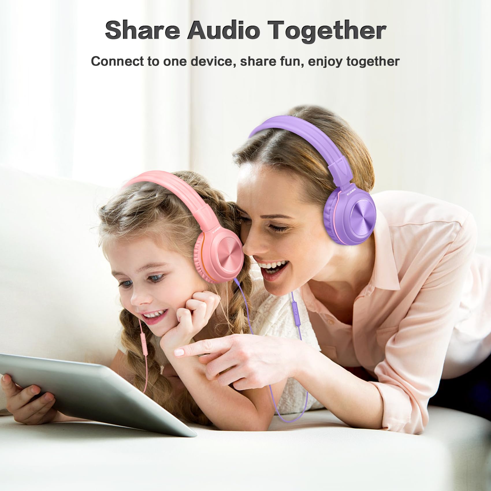 SIMOLIO Kids Wired Headphones with Microphone - Volume Limited (85dB/94dB/104dB) Foldable Lightweight Headset with Share Port & Carrying Bag for School, Travel, Home Use - Compatible with Cellphones, Tablets, Laptops & PCs