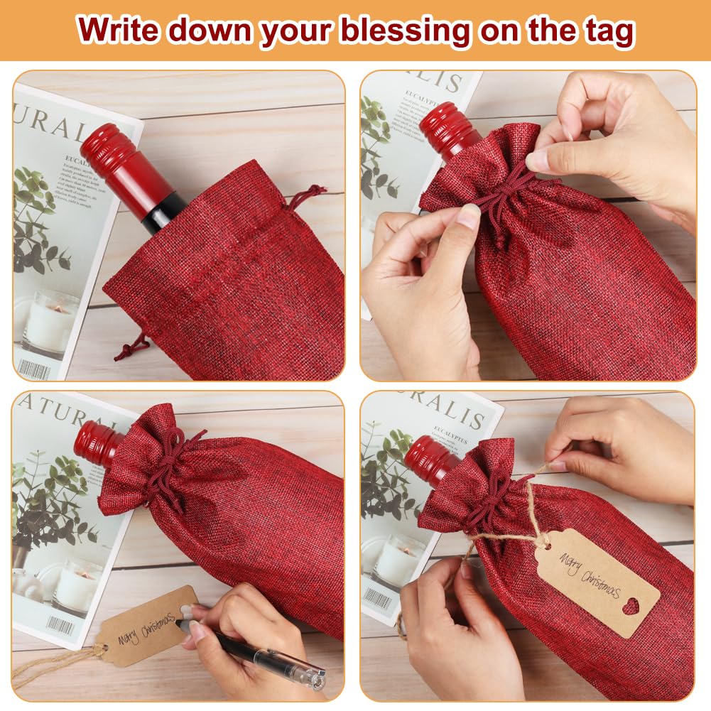 Shintop 12-Piece Reusable Burlap Wine Gift Bags with Drawstring - Eco-Friendly Christmas, Wedding, Birthday & Blind Tasting Bottle Bags (Brown & Red) - Perfect for Holiday Gifting, Party Favors & Wine Tasting Events