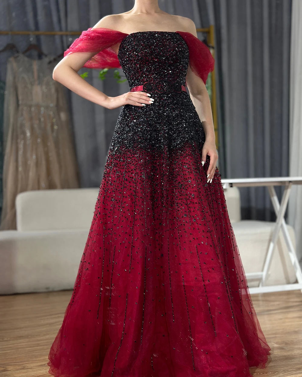 2025 Serene Hill Beaded Bling A-Line Evening Gown - Elegant Wine Red Gradual Change Luxury Dress for Women | Perfect for Parties, Galas & Formal Events