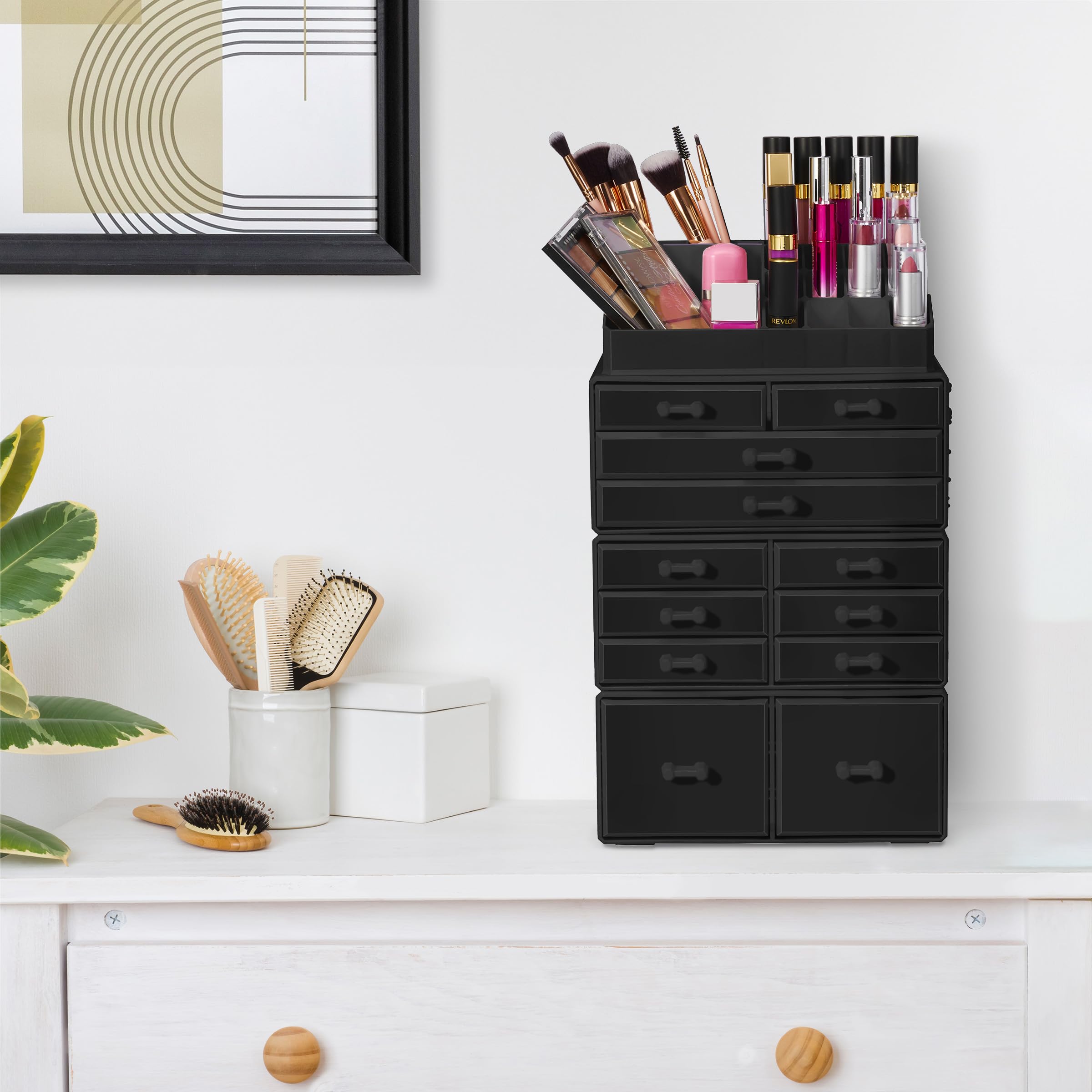 Sorbus Large Stackable 12-Drawer Makeup Organizer with Lipstick & Brush Holder - Jewelry & Cosmetic Storage for Vanity, Bathroom, Dresser - Perfect for Beauty Salon, Home Organization & Travel Makeup Storage