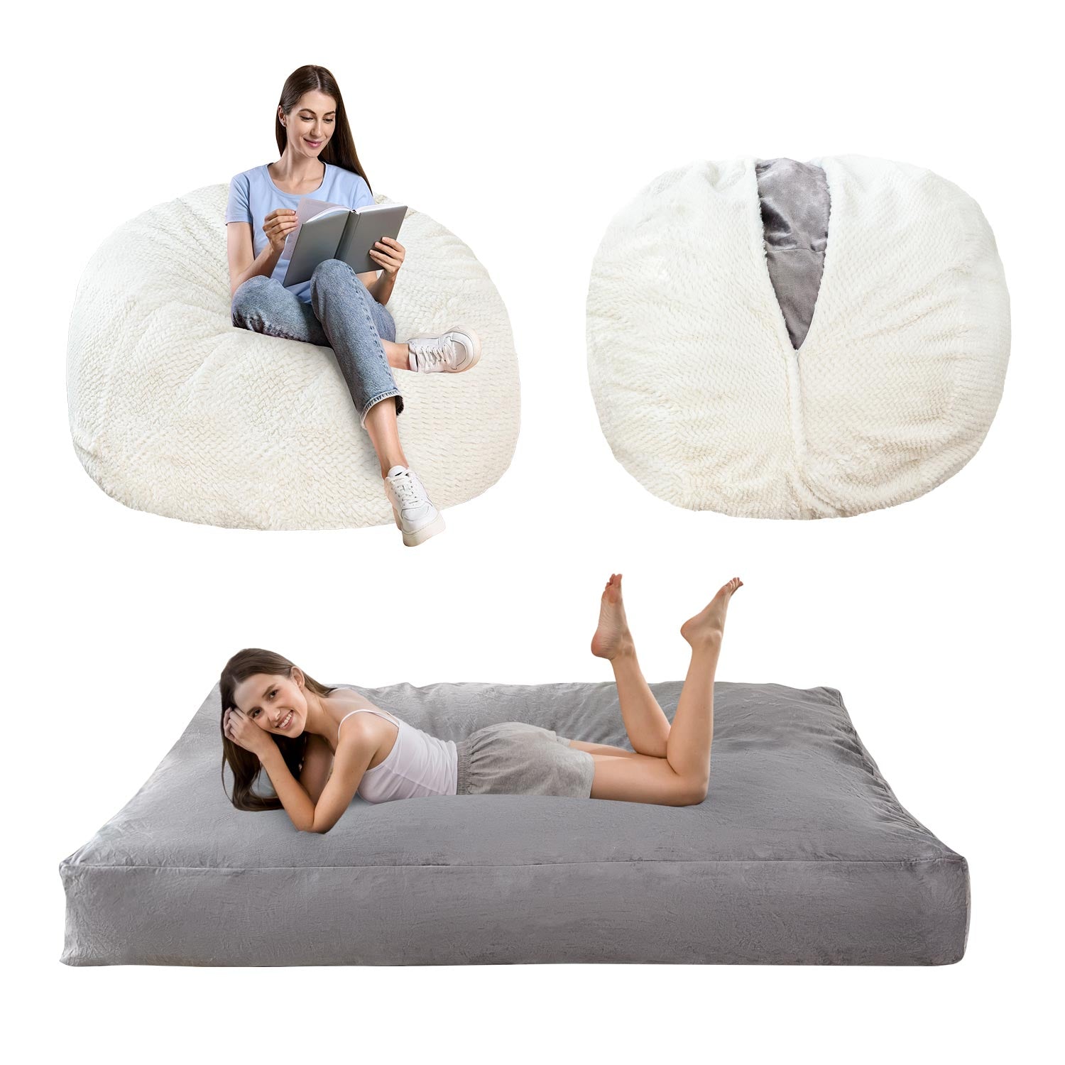 MAXYOYO Velvet Bean Bag Bed with Faux Fur Removable Cover - Convertible Bean Bag Chair to Bed for Living Room & Bedroom (Beige) - Perfect for Lounging, Gaming & Small Space Living