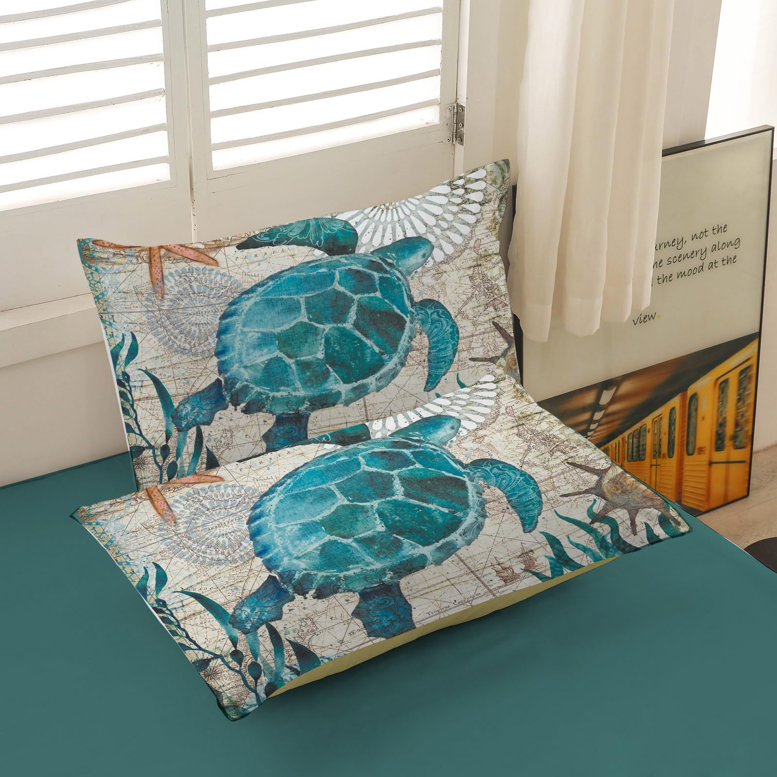 MUSOLEI Ocean Themed Comforter Set - Soft Sea Turtle Printed Bedding for Teen Boys & Girls - Turquoise Mediterranean Style Quilt Set - Twin Size - Perfect for Kids' Bedrooms, Beach Themed Decor & Cozy Sleep