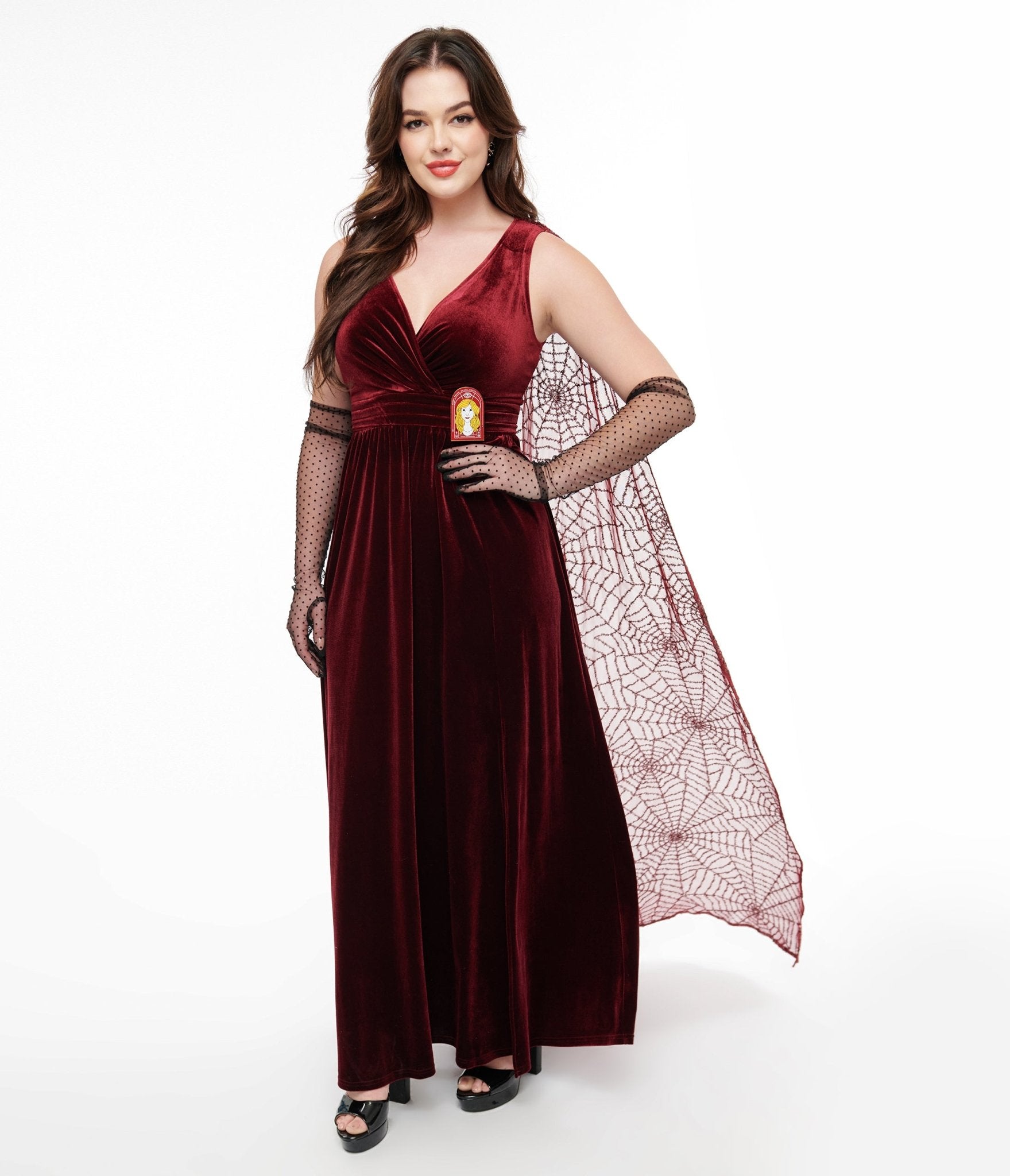 Disney Hocus Pocus Burgundy Velvet Cape Gown with Spiderweb Sequins - Vintage Halloween Costume for Women | Perfect for Cosplay, Halloween Parties & Themed Events