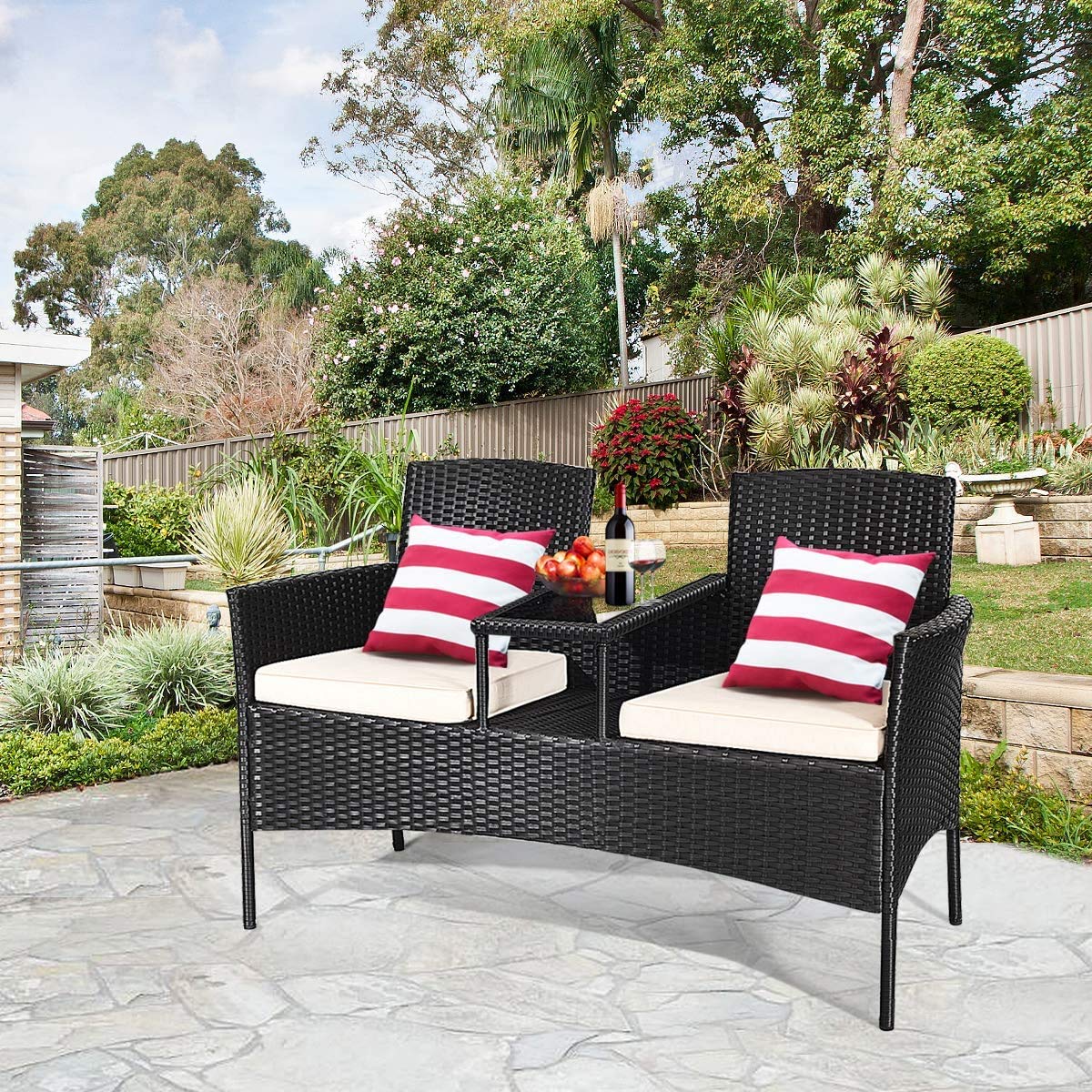 **Outdoor Loveseat Set with Table - 2-Seater Wicker Patio Furniture with Cushions & Tempered Glass Tabletop - Modern Rattan Sofa for Garden, Lawn, Backyard (White) - Perfect for Relaxing, Entertaining, and Outdoor Dining**