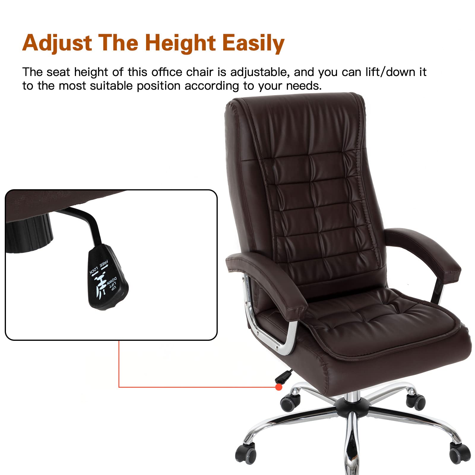 Premium Adjustable Leather Executive Office Chair - High Back Ergonomic Swivel Desk Chair with Padded Armrests & Spring Seat - Supports 350lbs - Perfect for Home Office & Workspaces (Brown)