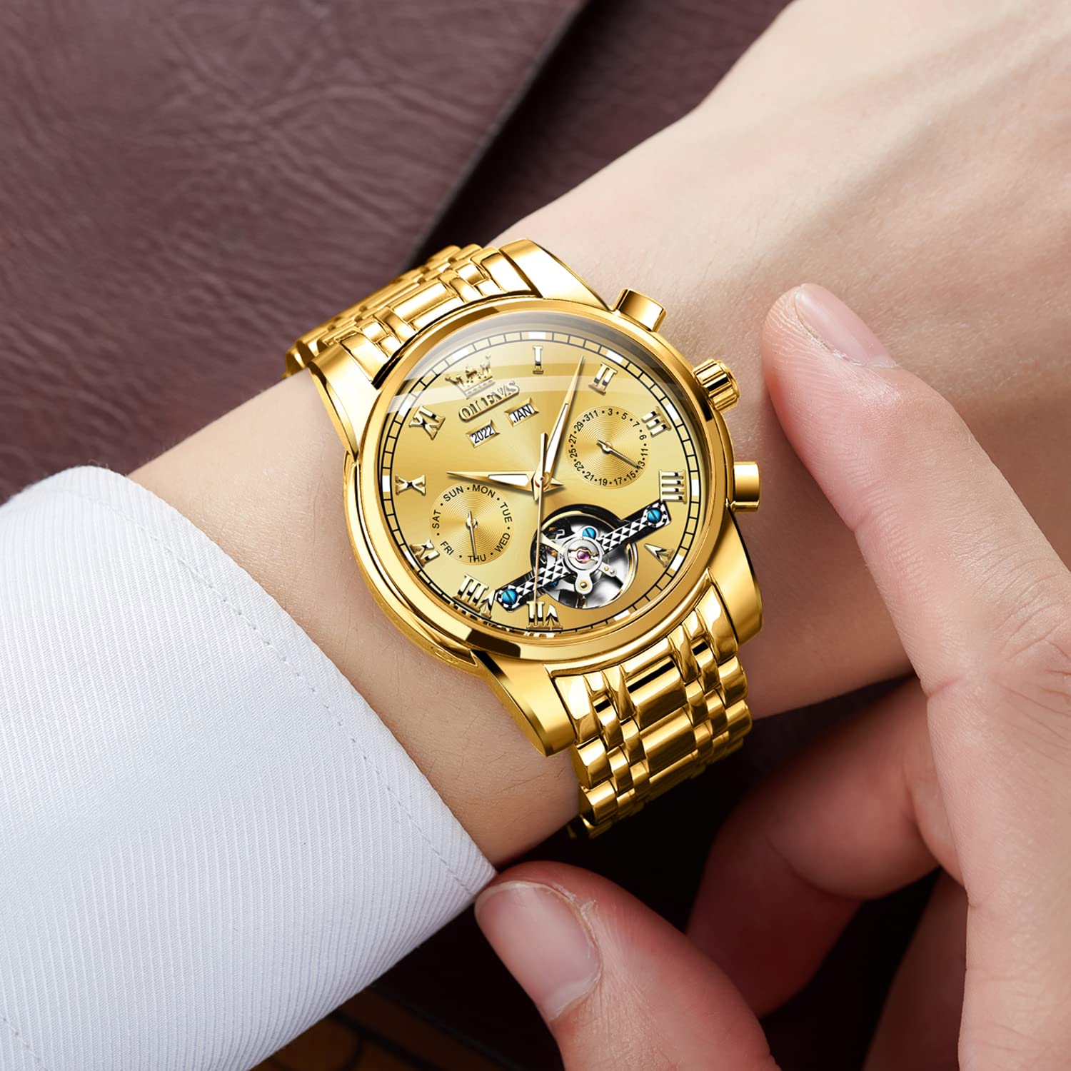 OLEVS Automatic Self-Winding Men's Watch - Stainless Steel Tourbillon Mechanical Watch with Luminous Hands, Waterproof Luxury Dress Watch for Business & Formal Occasions