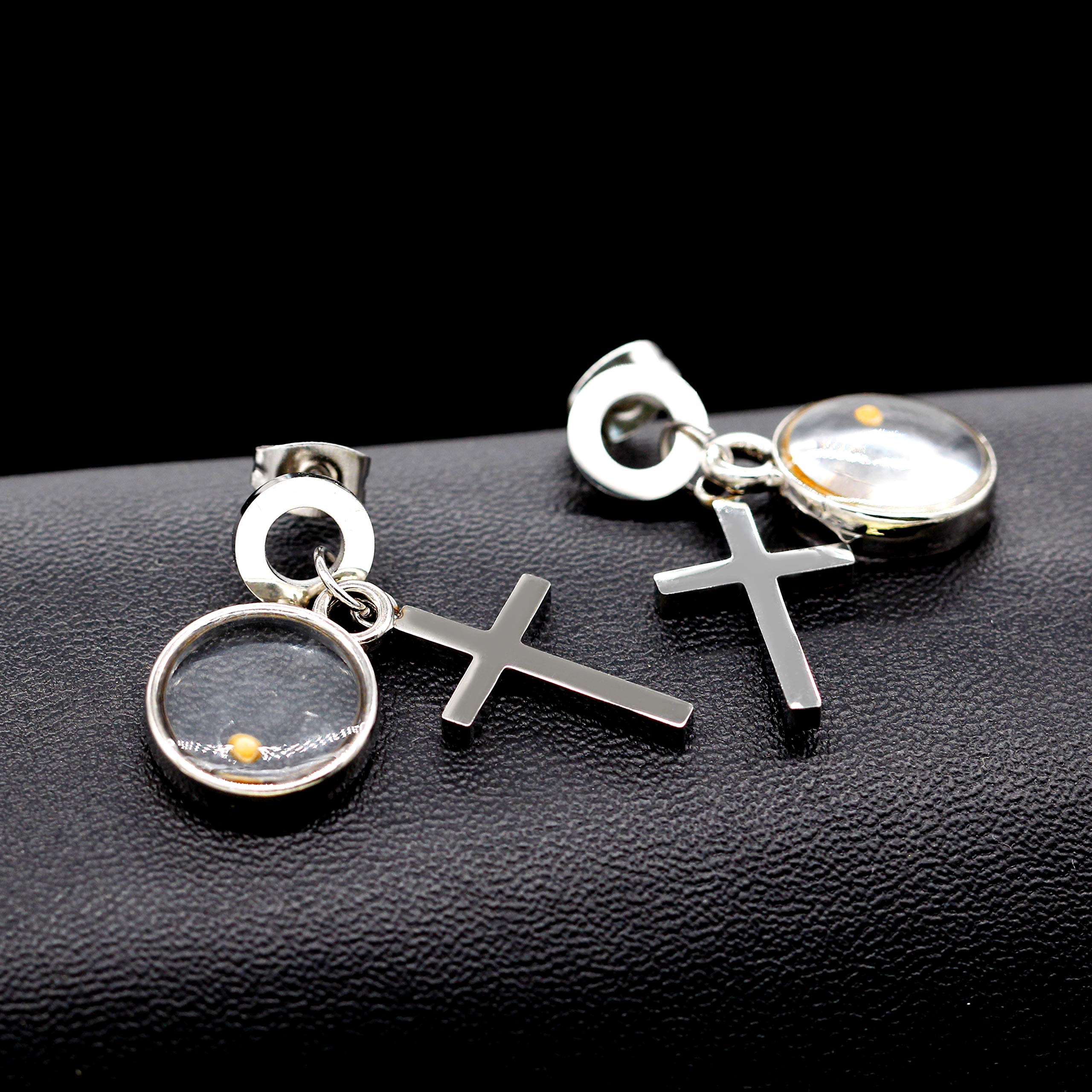 Stainless Steel Cross Stud Dangle Earrings with Real Mustard Seed Charms - Christian Jewelry Gifts for Women (Silver/Black/Gold/Rose Gold) - Perfect for Church, Weddings & Everyday Faith-Inspired Fashion