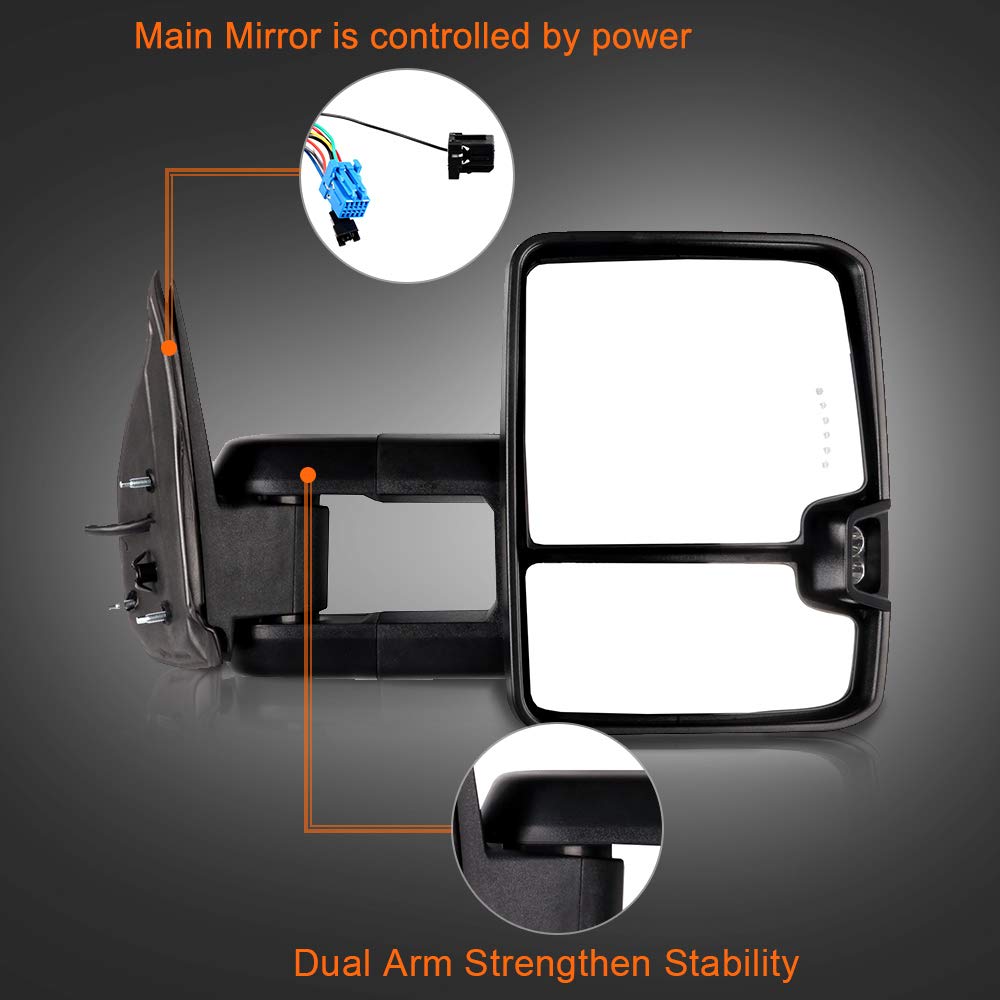 ROADFAR Power Heated Towing Mirrors with LED Turn Signal & Running Lights - Compatible with 2003-2006 Chevy Silverado & GMC Sierra Pickup Trucks (Left & Right Side) - Perfect for Towing, Camping & Off-Road Adventures