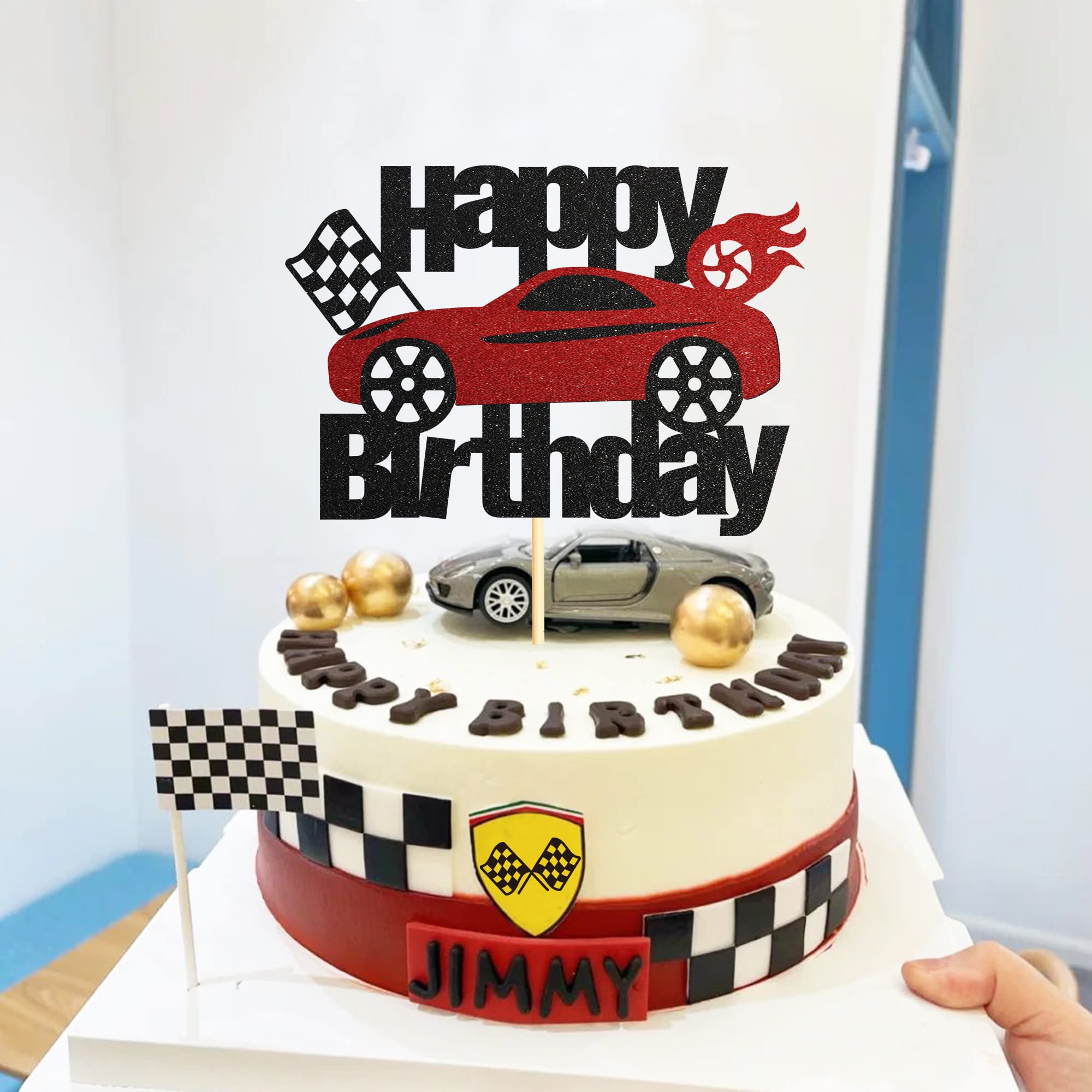 Siipoo Glitter Car Birthday Cake Topper - Black Red Glitter Race Car Decor for Race Car Themed Party Supplies, Perfect for Kids' Birthday Cakes and Decorations