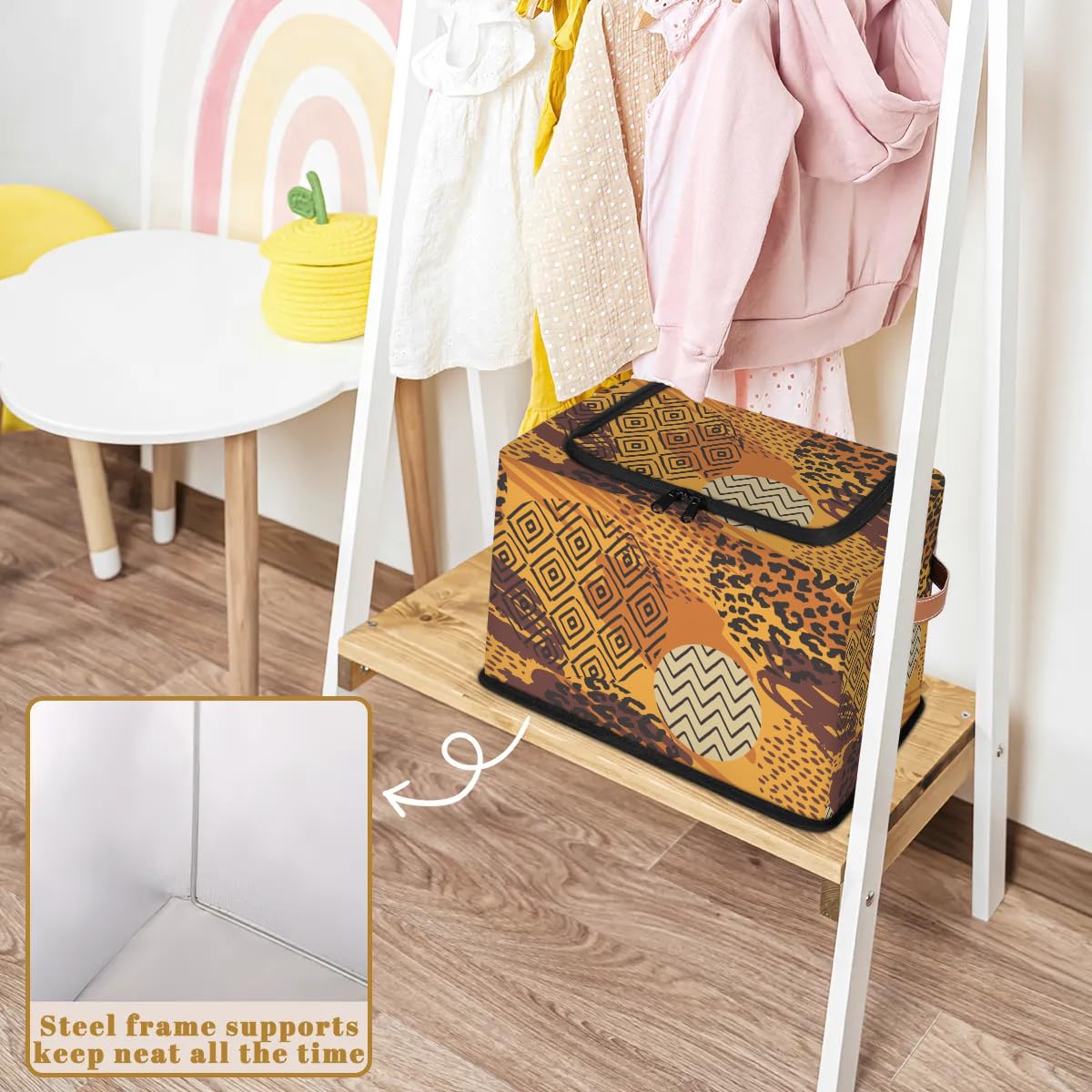 2 Pack Animal Print Fabric Storage Bins with Zipper Lid - African Art Style Stackable Cube Baskets, Steel Frame Clothes Organizer for Shelf & Closet Storage | Perfect for Bedroom, Nursery, and Office Organization