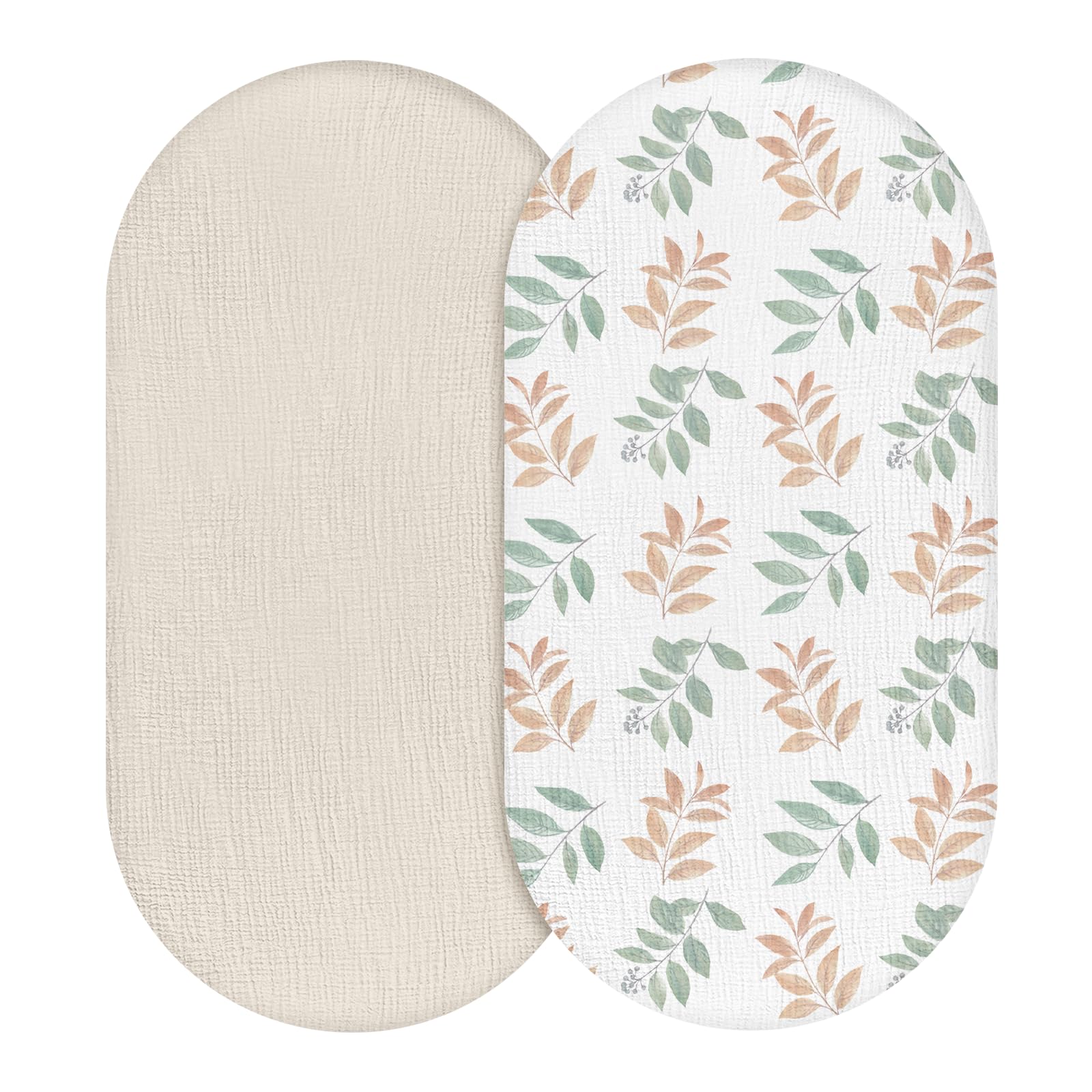 Organic Muslin Bassinet Fitted Sheets 2-Pack - Ultra Soft & Breathable Baby Crib Sheets for Boys & Girls - Stretchy Universal Fit for Hourglass, Oval & Rectangle Bassinet Mattresses - Perfect for Nursery, Daycare & Travel (Bright Leaves Design)