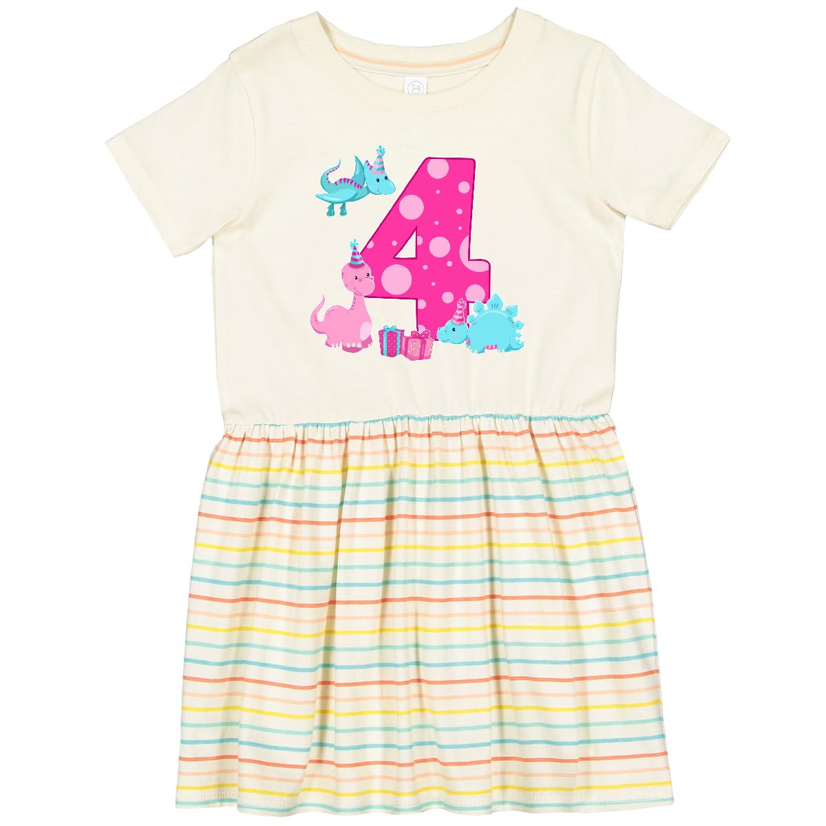 Inktastic Dinosaur Party 4th Birthday Toddler Dress - Cute Dino Print Outfit for Girls & Boys, Perfect for Birthday Parties, School Events & Playdates