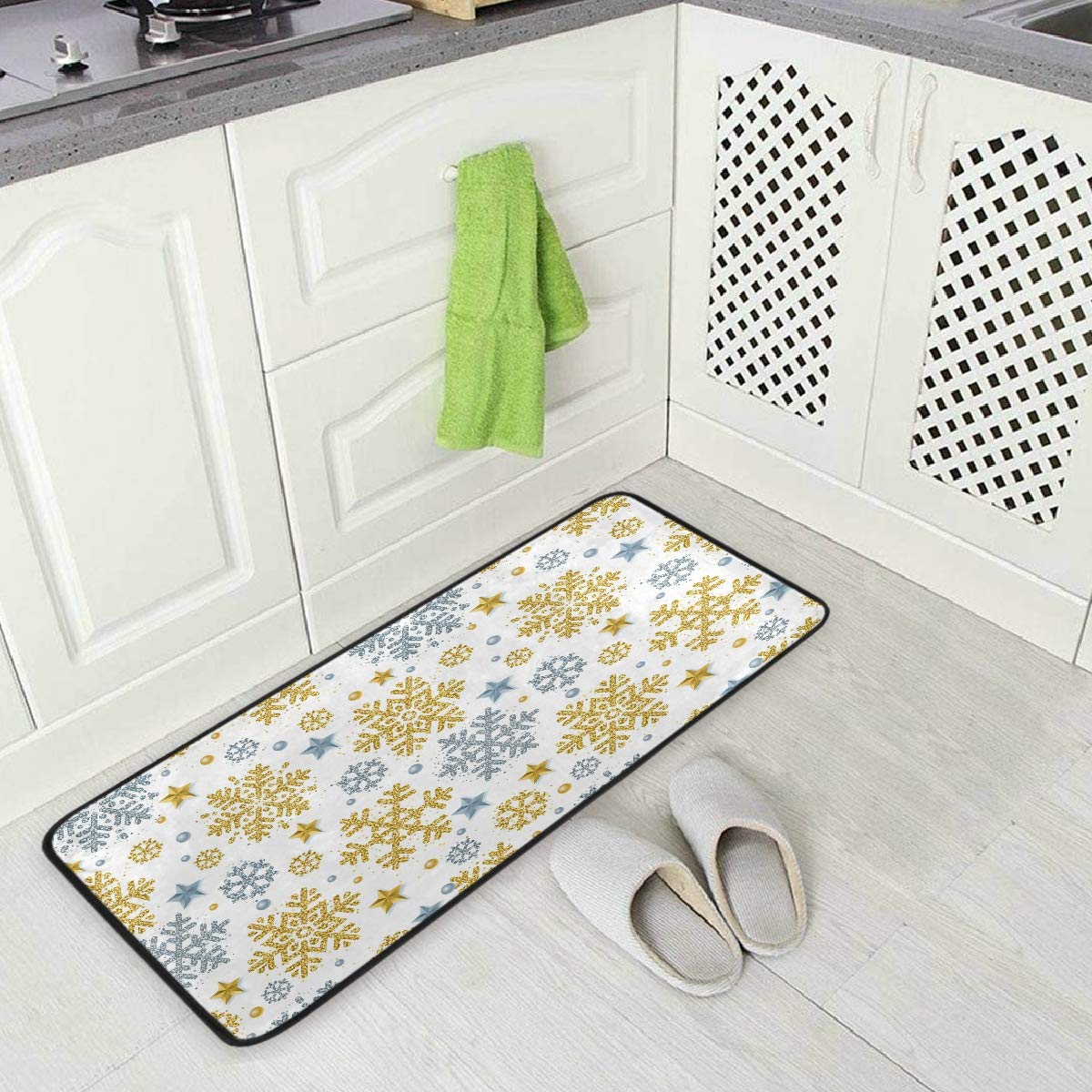 Festive Christmas Kitchen Rug - Gold & Silver Glitter Snowflake Design, Non-Slip Washable Floor Mat for Winter (39